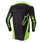 Alpinestars Fluid Lurv Jersey 2024, jersey de motocross, negro y amarillo flúor, vista trasera con paneles laterales amarillo neón, un logotipo de estrella grande en la parte inferior de la espalda y la marca Alpinestars en las mangas