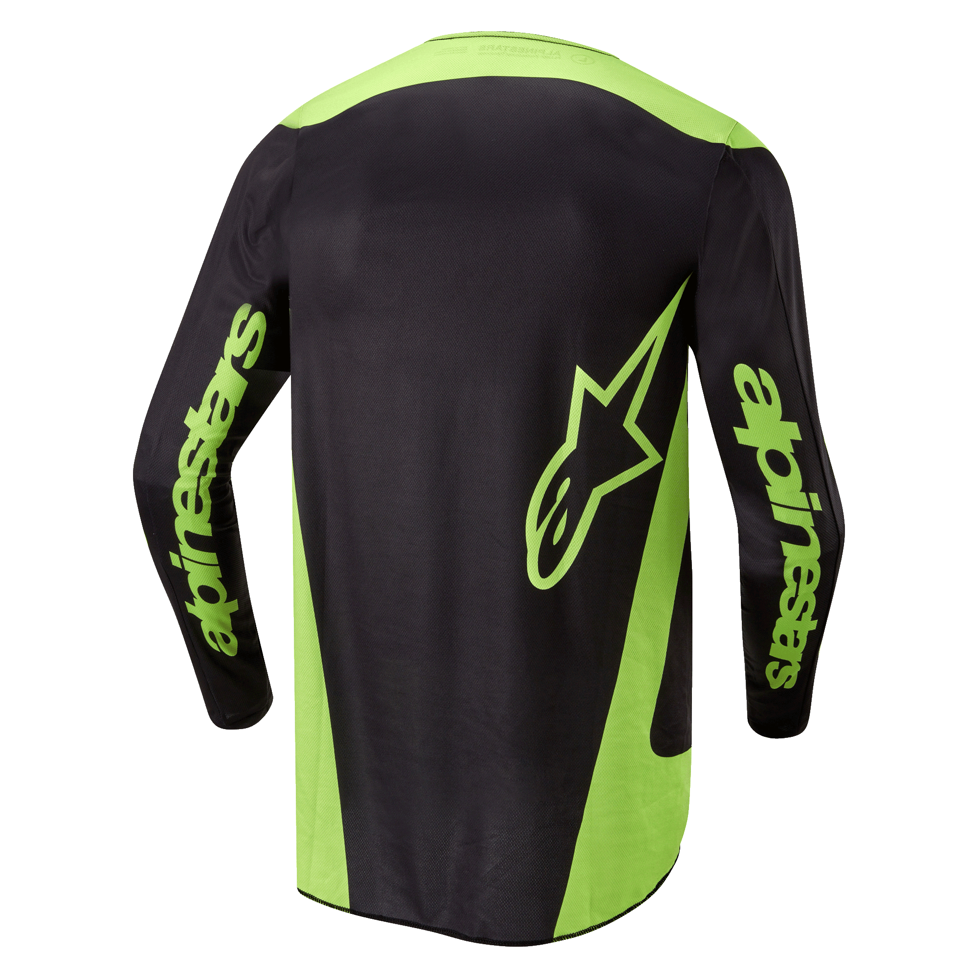 Alpinestars Fluid Lurv Jersey 2024, jersey de motocross, negro y amarillo flúor, vista trasera con paneles laterales amarillo neón, un logotipo de estrella grande en la parte inferior de la espalda y la marca Alpinestars en las mangas