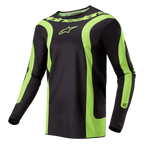 Alpinestars Fluid Lurv Jersey 2024, jersey de motocross, negro y amarillo flúor, con llamativos paneles curvos en amarillo fluorescente, logotipo de Alpinestars en el pecho y marca alrededor del cuello, corte deportivo atlético para carreras off-road