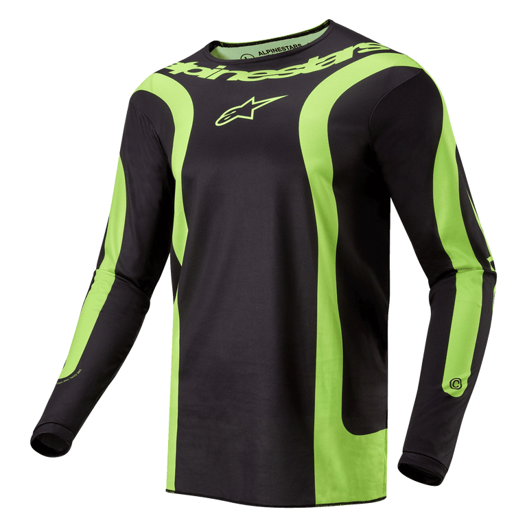 Alpinestars Fluid Lurv Jersey 2024, jersey de motocross, negro y amarillo flúor, con llamativos paneles curvos en amarillo fluorescente, logotipo de Alpinestars en el pecho y marca alrededor del cuello, corte deportivo atlético para carreras off-road