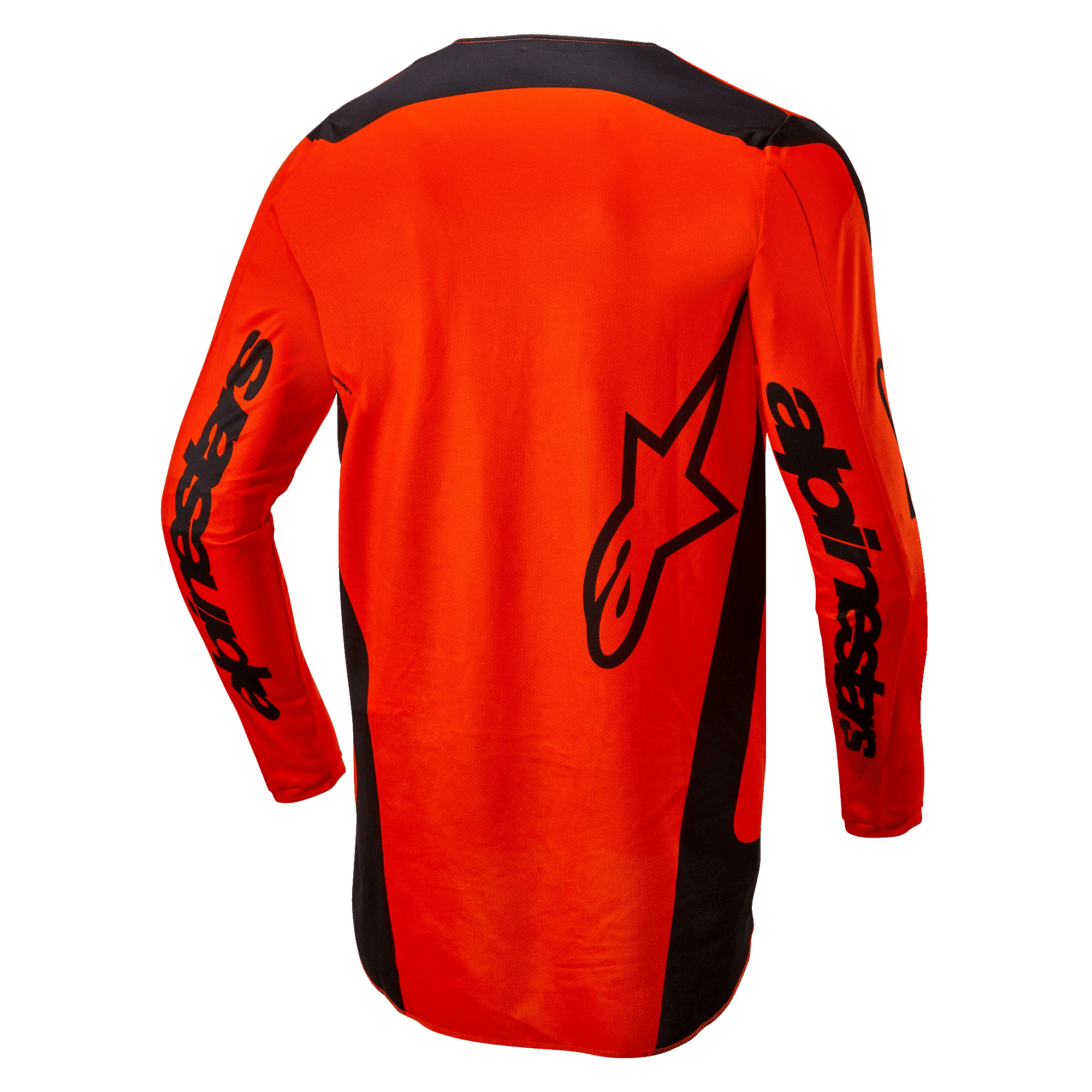 Alpinestars 2024 Fluid Lurv Jersey, Motocross Jersey, Hot Orange and Black, back view showing large black star logo and Alpinestars branding on sleeves, drop tail design for coverage, lightweight poly-fabric for off-road racing