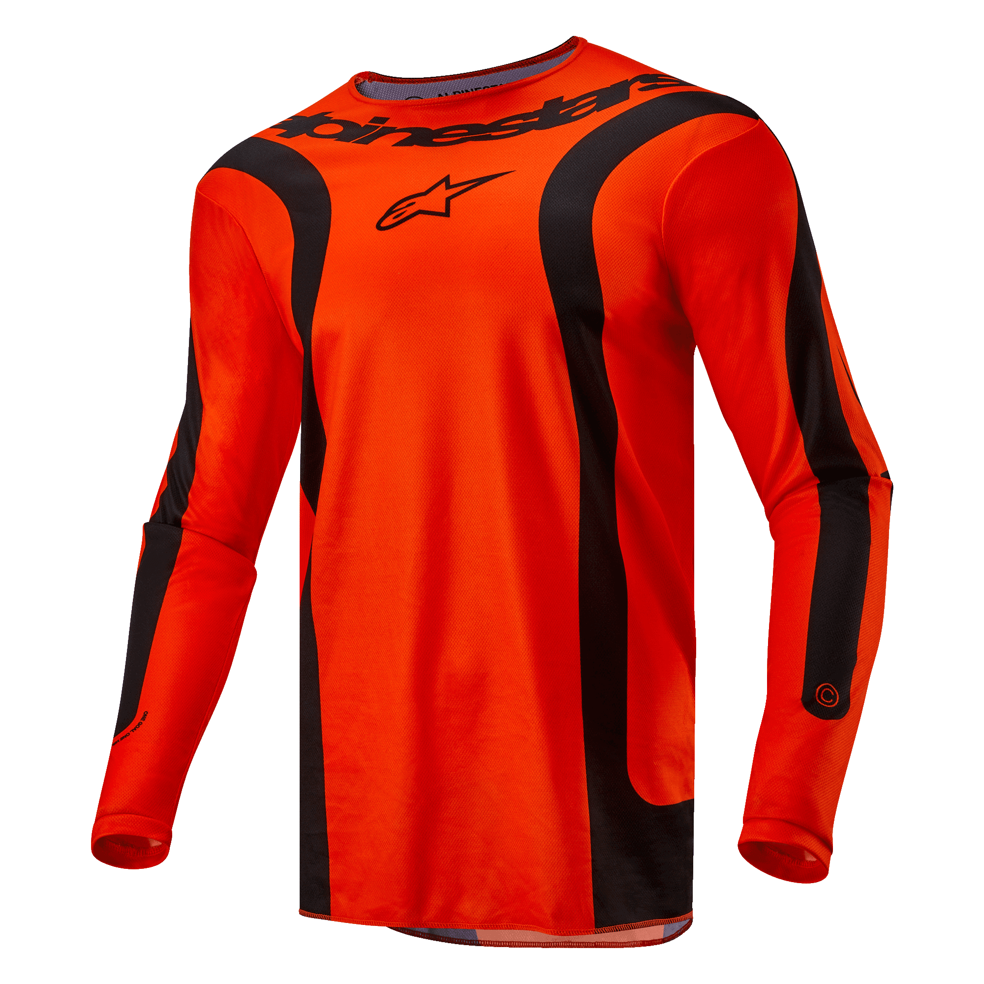 Alpinestars 2024 Fluid Lurv Jersey, Motocross Jersey, Hot Orange and Black, long sleeves with black curved panels, features black Alpinestars logo on chest and branding on neck, athletic sport fit for off-road racing