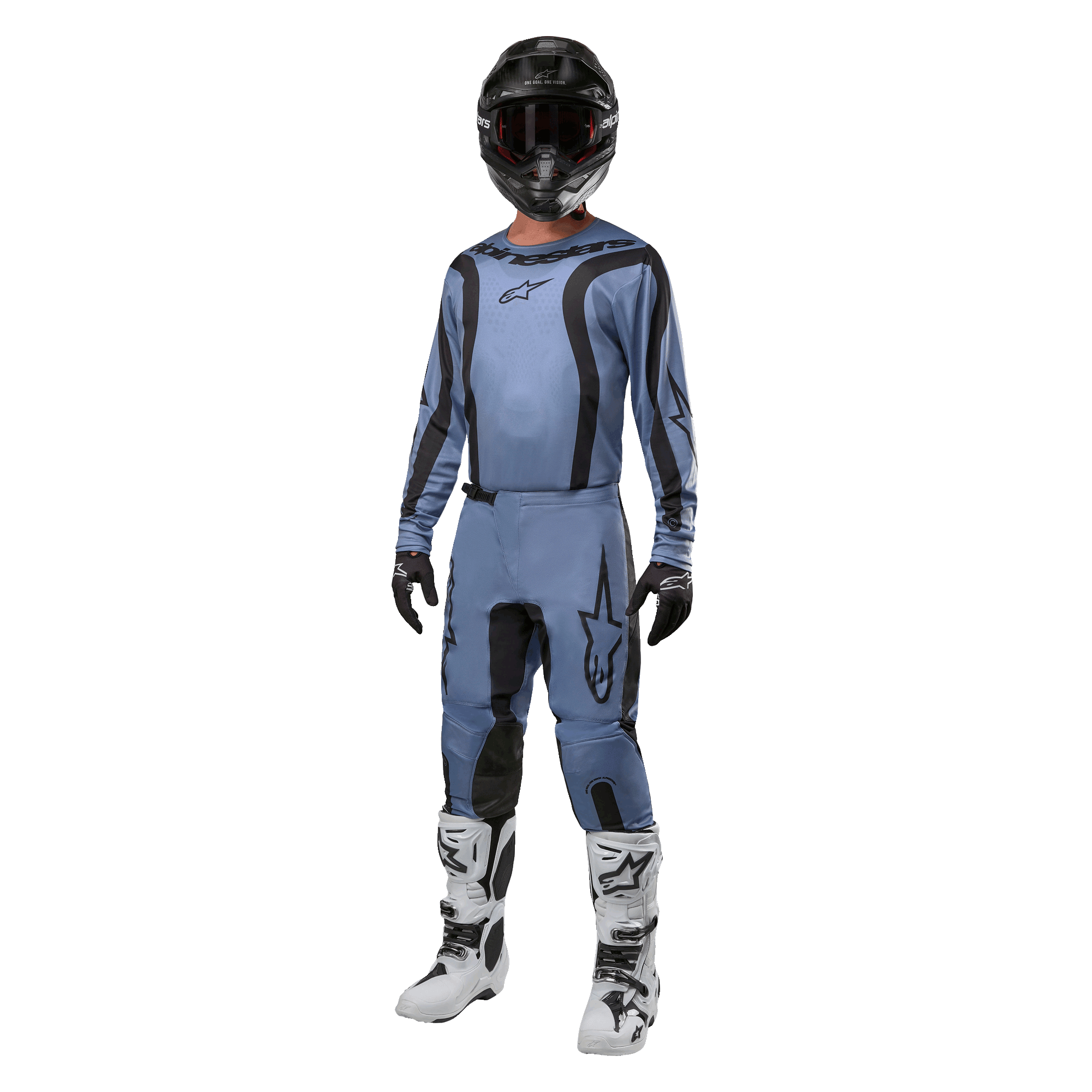 Motocross rider wearing complete racing gear, Alpinestars 2024 Fluid Lurv Jersey in light blue and black, matching light blue pants with black panels, white and black boots, black gloves, and black helmet with goggles, coordinated outfit for off-road racing