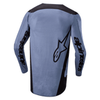 Alpinestars 2024 Fluid Lurv Jersey, Motocross Jersey, Light Blue and Black, Back view showing Alpinestars branding on sleeves and star logo on the back, extended rear hem, breathable performance fabric for off-road racing.