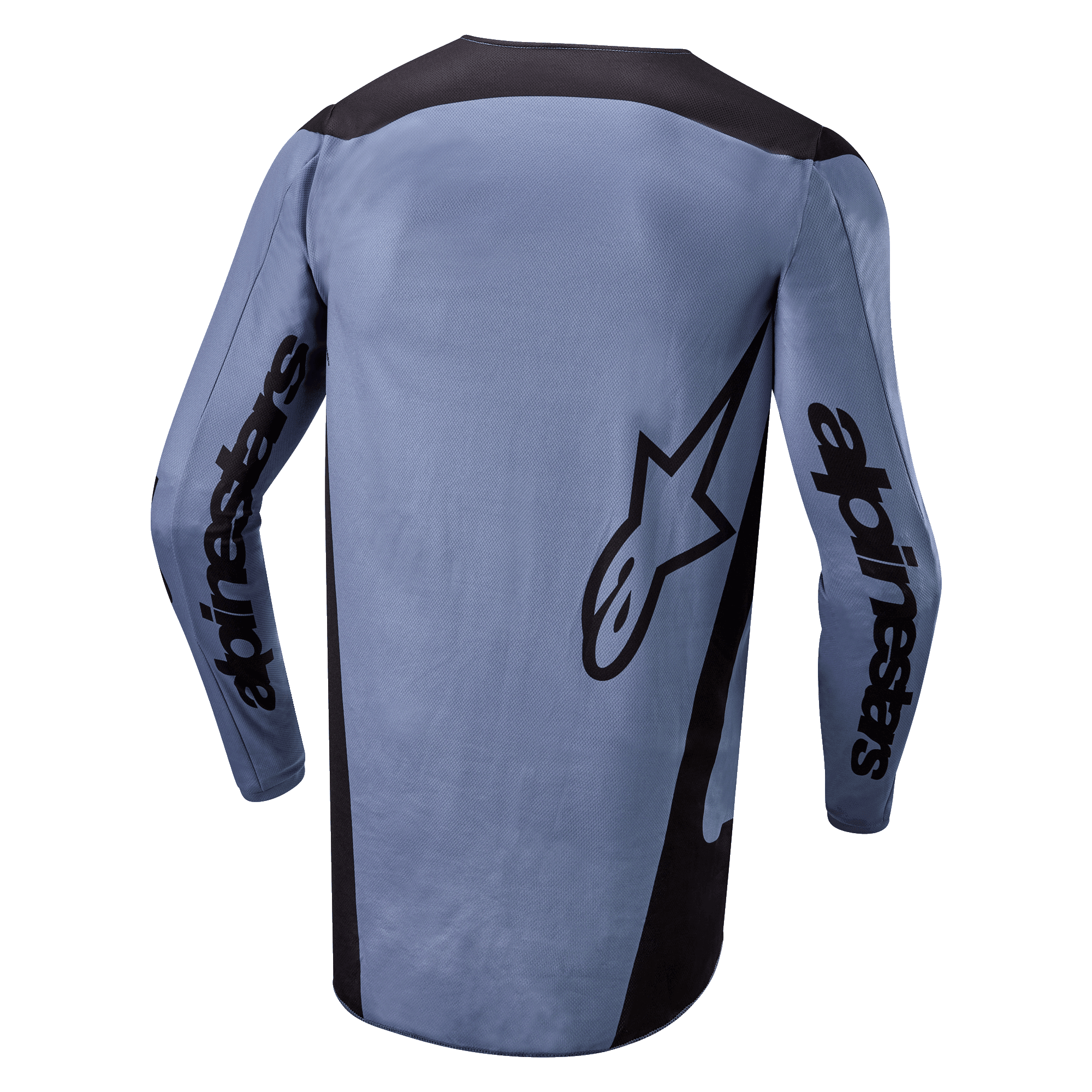 Alpinestars 2024 Fluid Lurv Jersey, Motocross Jersey, Light Blue and Black, Back view showing Alpinestars branding on sleeves and star logo on the back, extended rear hem, breathable performance fabric for off-road racing.