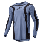 Alpinestars 2024 Fluid Lurv Jersey, Motocross Jersey, Light Blue and Black, featuring bold curved black graphics on the front and sleeves, central Alpinestars logo on the chest, and performance poly-fabric construction with a sport collar.
