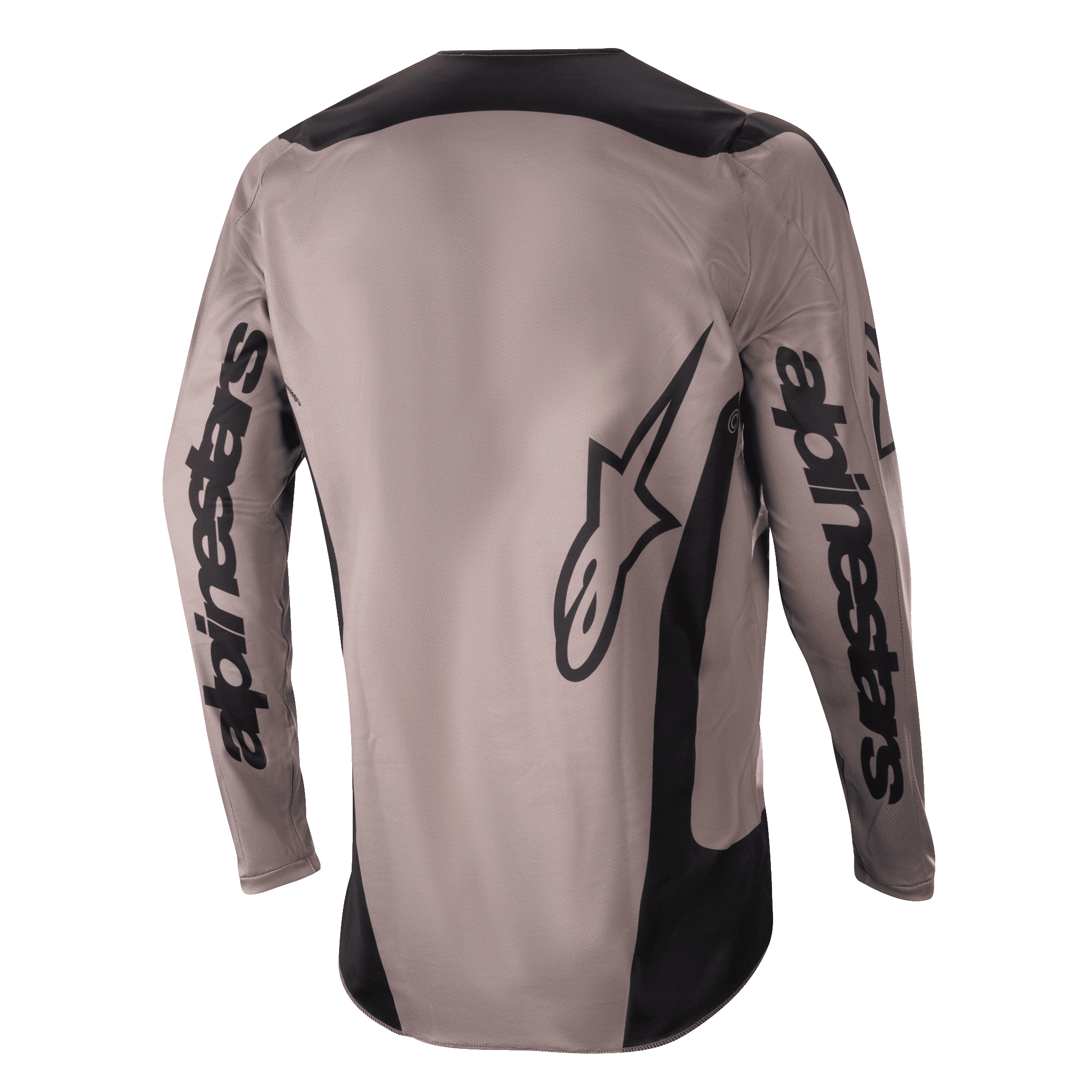 Alpinestars 2024 Fluid Lurv Jersey, jersey de motocross, Mud Black, vista trasera que muestra la marca Alpinestars de gran tamaño en las mangas y la parte inferior de la espalda, paneles negros en hombros y laterales, equipamiento de alto rendimiento para pilotaje off-road