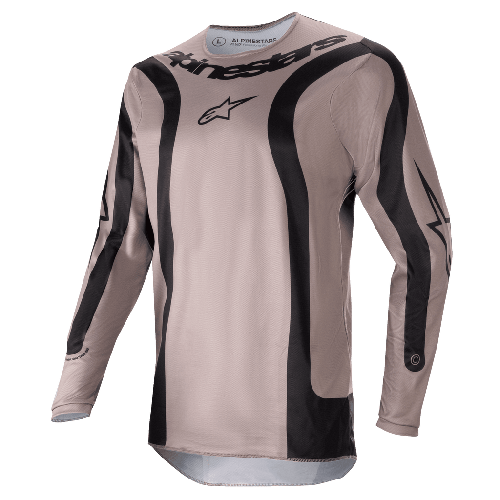 Alpinestars 2024 Fluid Lurv Jersey, jersey de motocross, Mud Black, con paneles gráficos negros curvos y logotipo central de Alpinestars, tejido de poliéster ligero y transpirable para un alto rendimiento todoterreno
