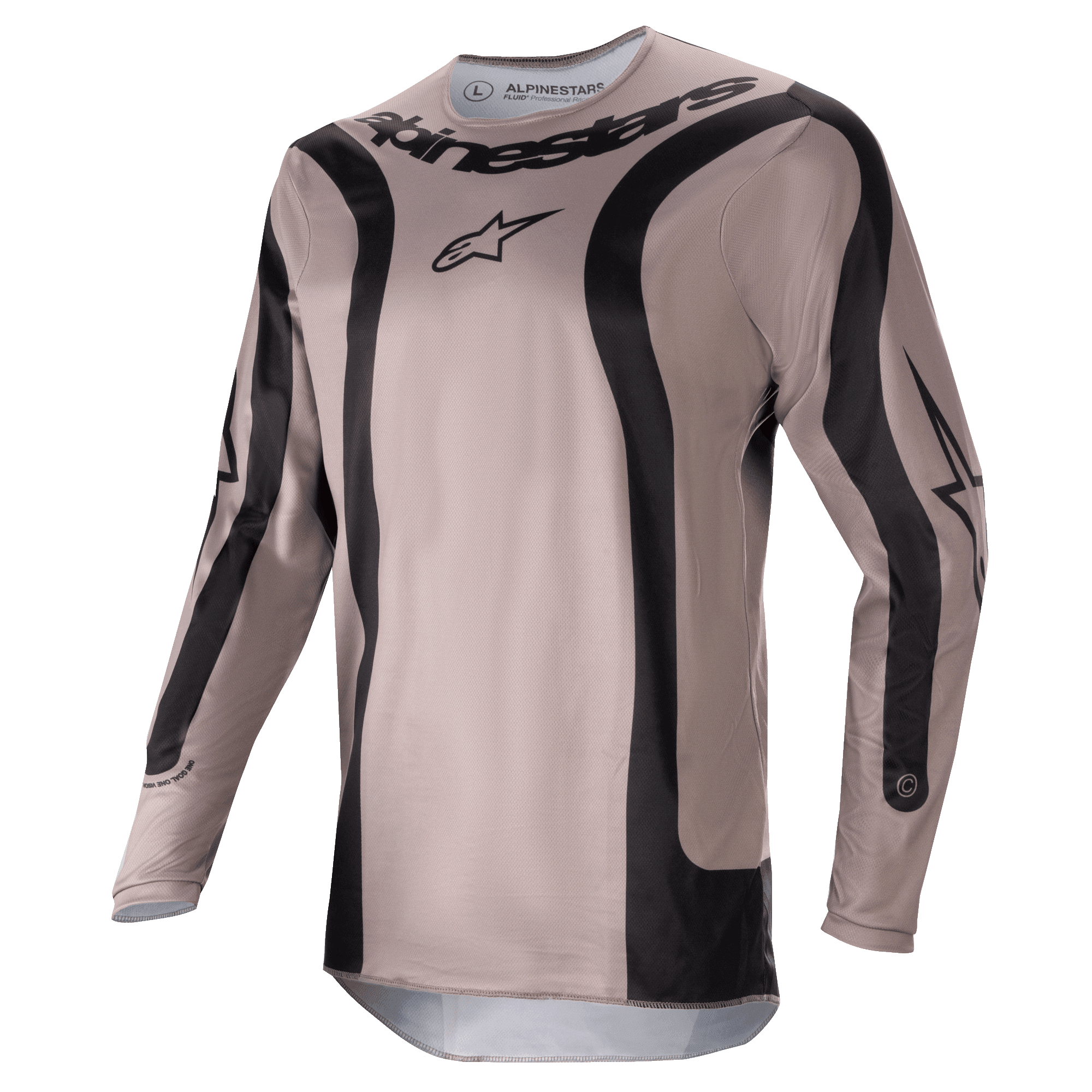 Alpinestars 2024 Fluid Lurv Jersey, jersey de motocross, Mud Black, con paneles gráficos negros curvos y logotipo central de Alpinestars, tejido de poliéster ligero y transpirable para un alto rendimiento todoterreno