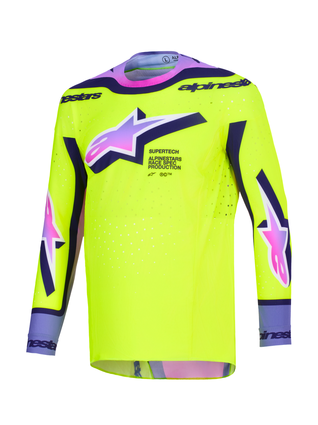 Jersey Alpinestars Supertech Vista 2026, jersey de motocross, amarillo brillante con detalles en púrpura y negro, logotipos Astars con degradado de rosa a púrpura, ajuste atlético de competición con perforaciones cortadas con láser para rendimiento en carreras todoterreno