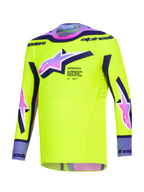Jersey Alpinestars Supertech Vista 2026, jersey de motocross, amarillo brillante con detalles en púrpura y negro, logotipos Astars con degradado de rosa a púrpura, ajuste atlético de competición con perforaciones cortadas con láser para rendimiento en carreras todoterreno