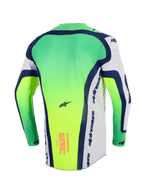 Alpinestars 2026 Supertech Vista Jersey, Motocross Jersey, Neon Green, White and Navy Blue, back view showing extended rear tail, laser-cut perforations on sides, pink text graphic on lower back, professional lightweight racing gear