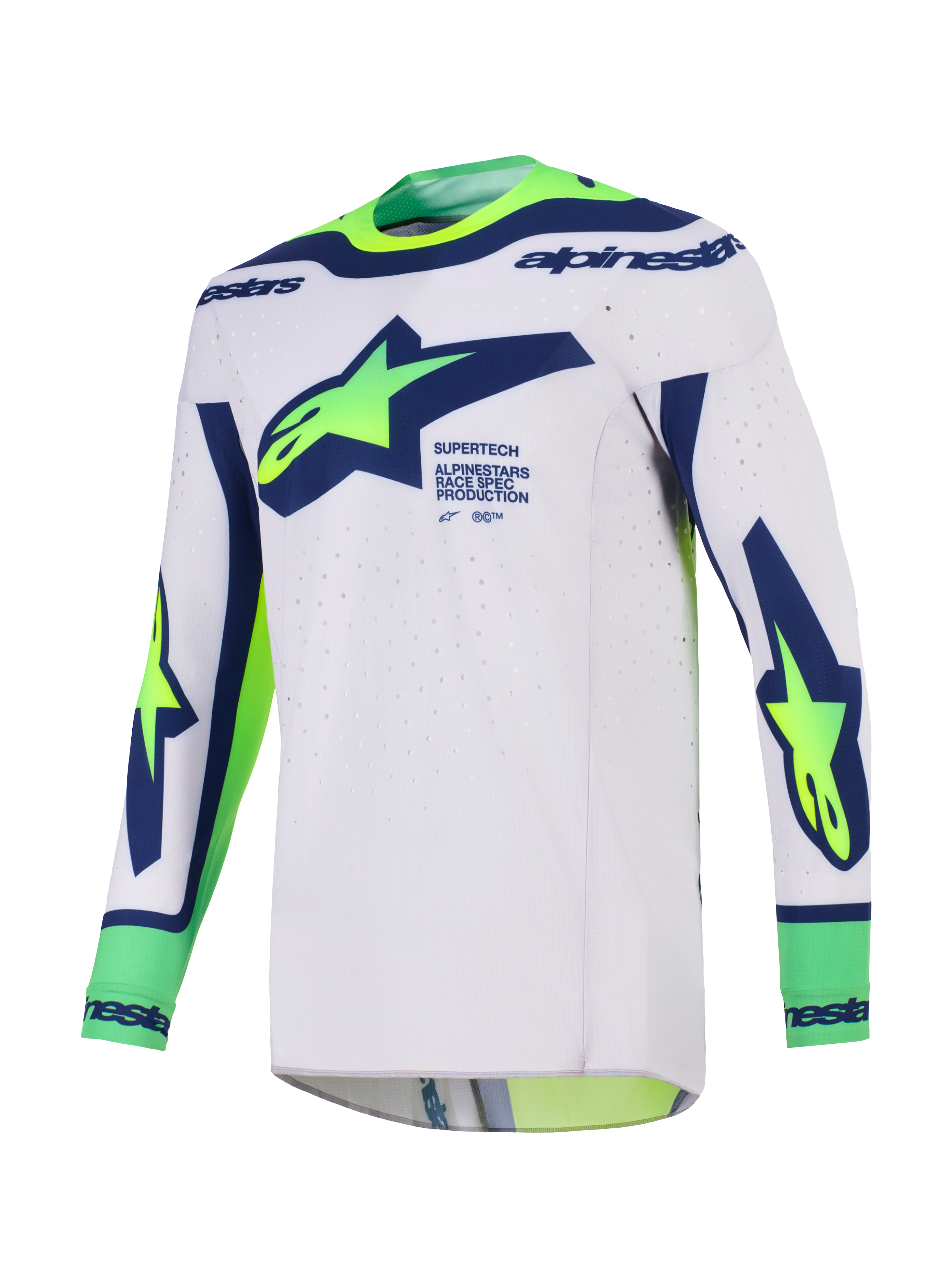 Alpinestars 2026 Supertech Vista Jersey, Motocross Jersey, Light Gray with Yellow Fluo and Blue, featuring a bold Alpinestars chest logo, 'Race Spec' branding, laser-cut ventilation, and an athletic race-ready fit for motocross performance.