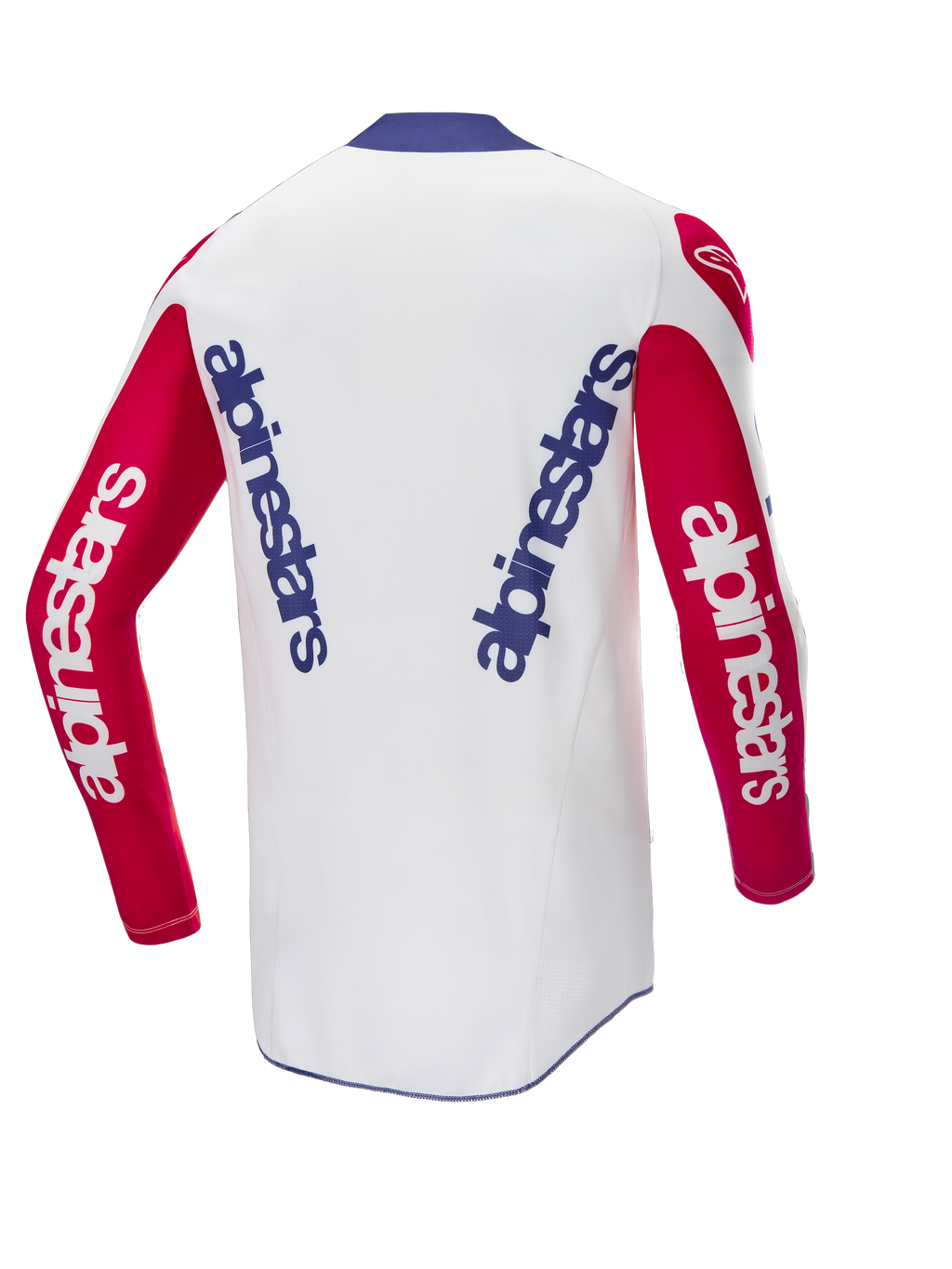 Alpinestars Limited Edition Techstar Fortitude Jersey, jersey de motocross, rojo brillante, blanco y azul, vista trasera con marca azul vertical en la espalda blanca y mangas rojas, ajuste de alto rendimiento para motocross