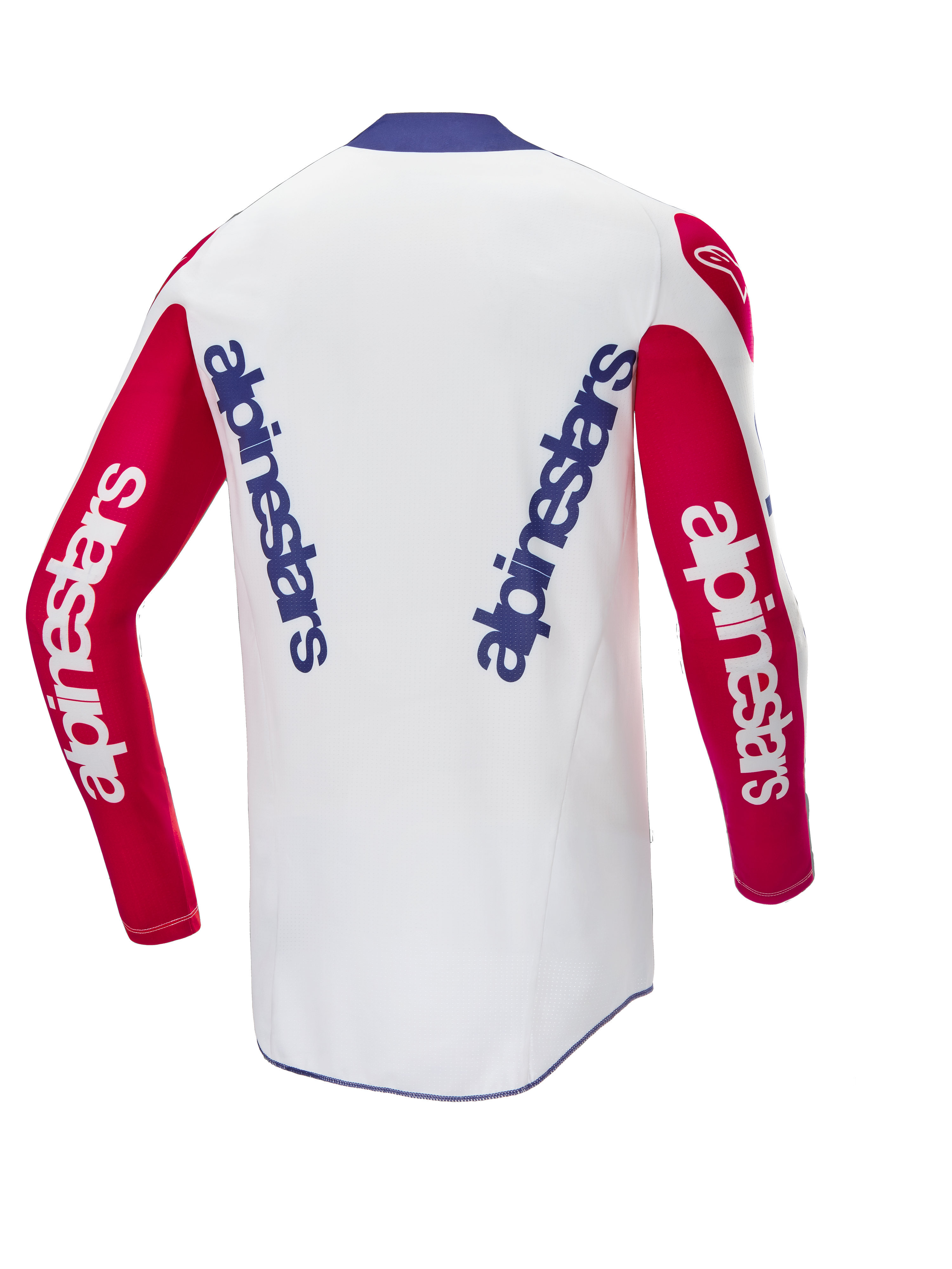 Alpinestars Limited Edition Techstar Fortitude Jersey, jersey de motocross, rojo brillante, blanco y azul, vista trasera con marca azul vertical en la espalda blanca y mangas rojas, ajuste de alto rendimiento para motocross