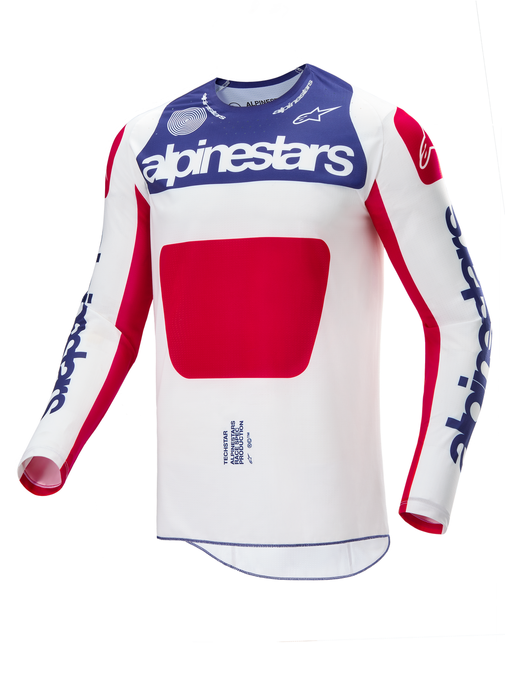 Alpinestars Limited Edition Techstar Fortitude Jersey, jersey de motocross, rojo, blanco y azul, con cuerpo blanco y un gran panel central rojo, sección del pecho azul con marca Alpinestars blanca y logotipos azules en las mangas, diseñado para el rendimiento en carreras todoterreno