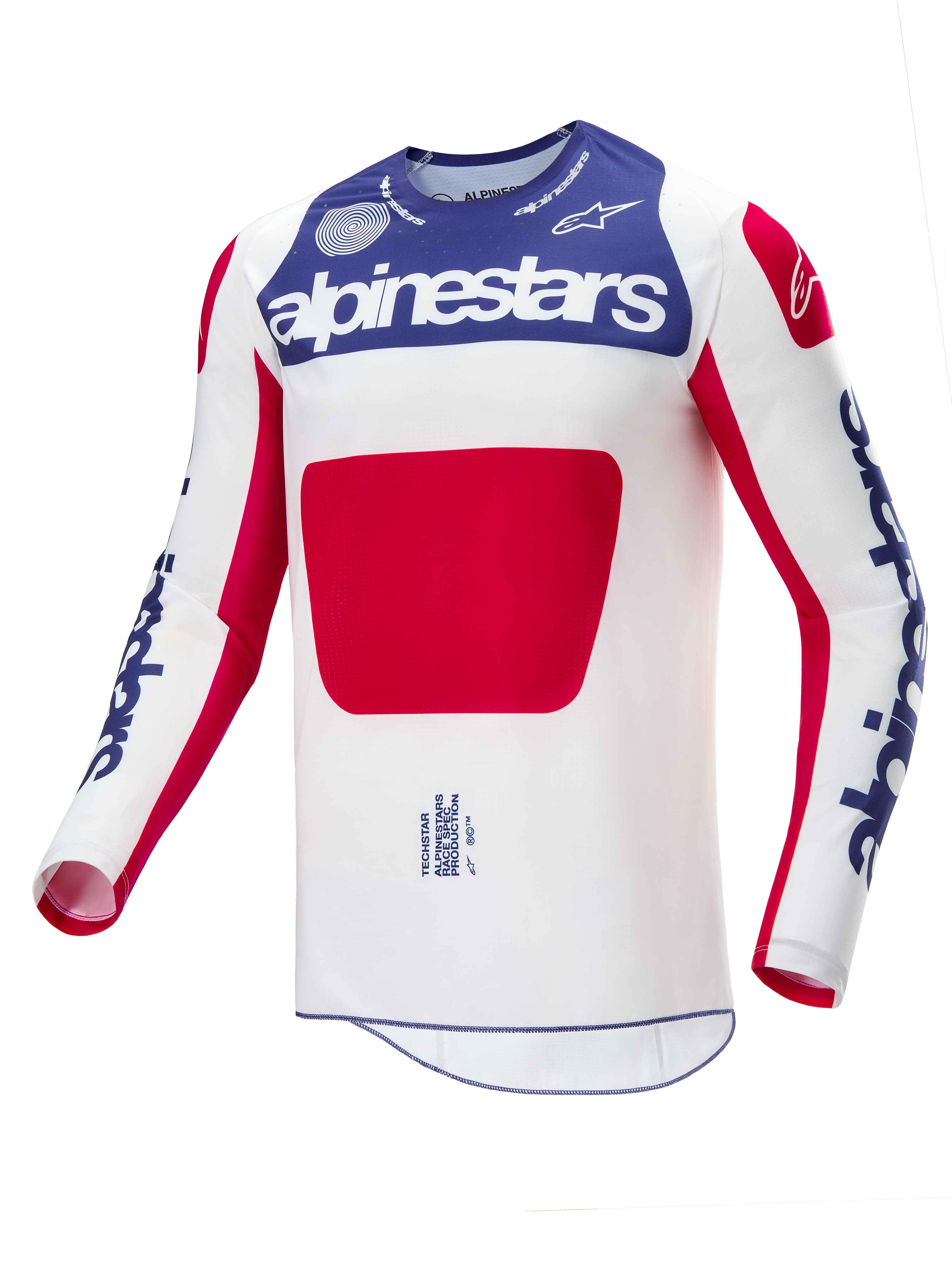 Alpinestars Limited Edition Techstar Fortitude Jersey, jersey de motocross, rojo, blanco y azul, con cuerpo blanco y un gran panel central rojo, sección del pecho azul con marca Alpinestars blanca y logotipos azules en las mangas, diseñado para el rendimiento en carreras todoterreno