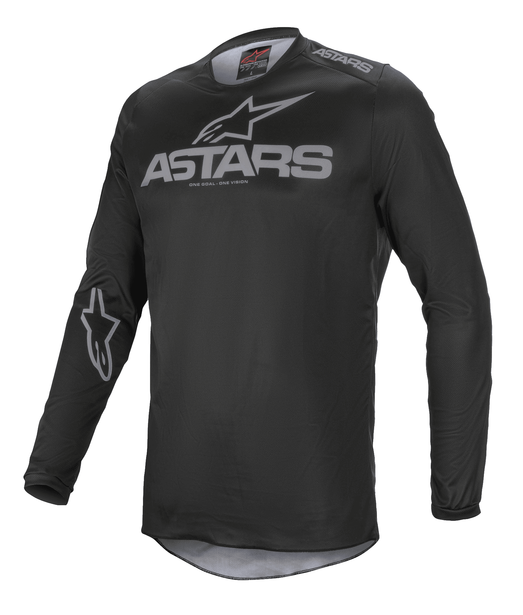 Alpinestars Fluid Graphite Jersey, jersey de motocross, negro y gris oscuro, con el logotipo ASTARS en gris en el pecho y el hombro, logotipo de estrella en la manga, construcción de malla técnica de manga larga para competición off-road
