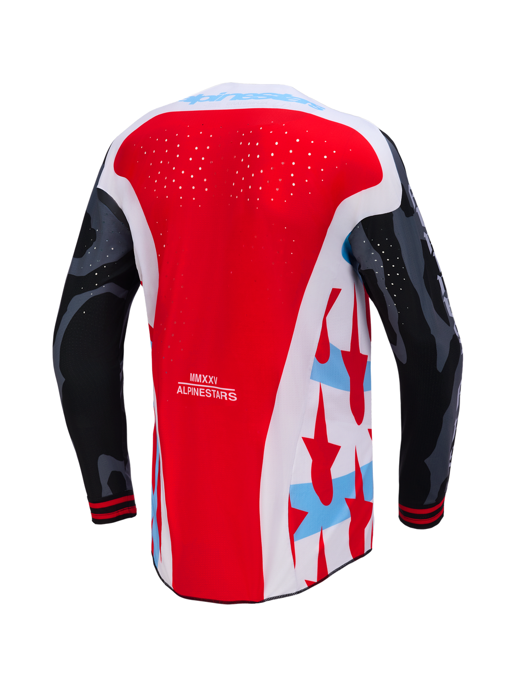 Jersey Techstar Beast Coast Edición Limitada, vista trasera roja y blanca con mangas negras y perforaciones láser.