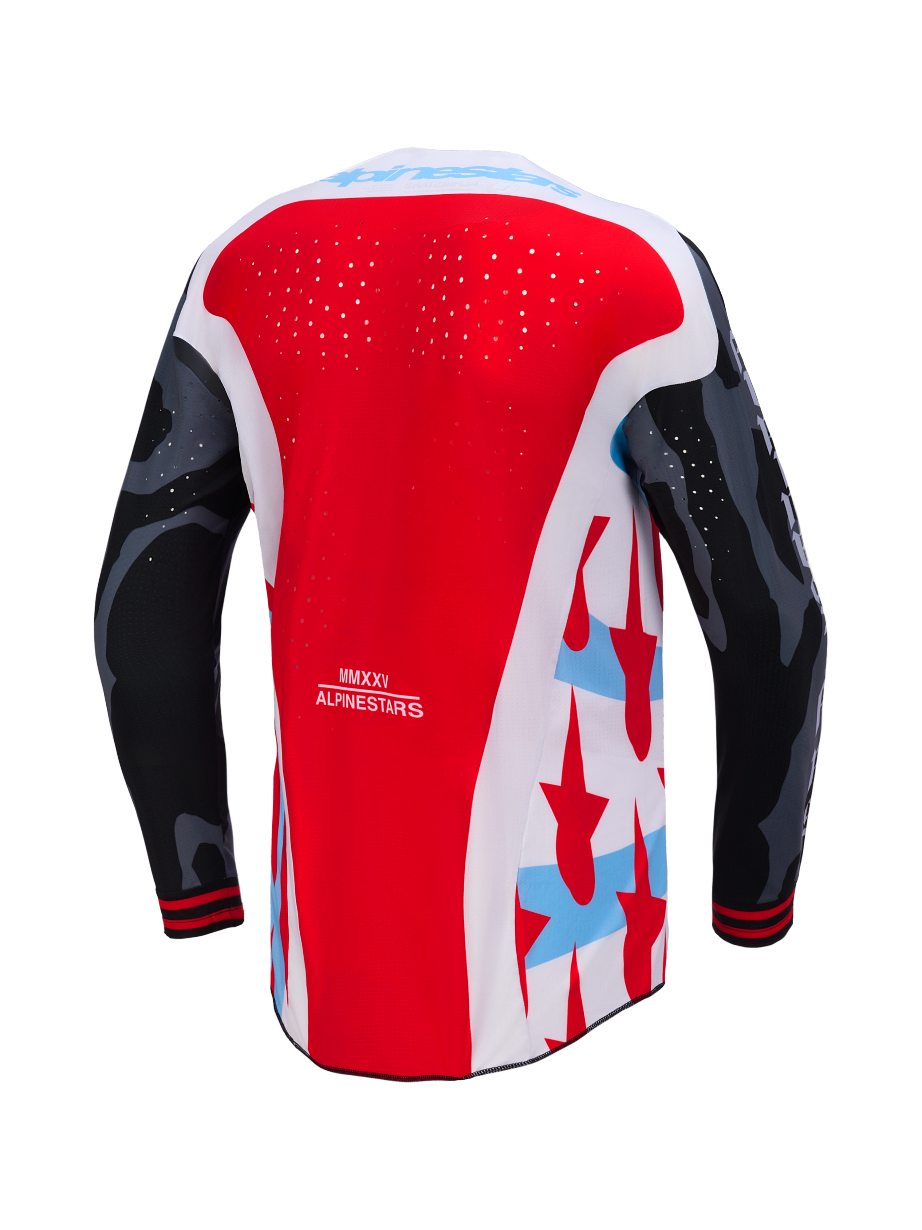 Jersey Techstar Beast Coast Edición Limitada, vista trasera roja y blanca con mangas negras y perforaciones láser.