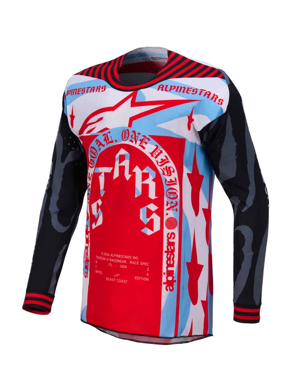 Jersey Techstar Beast Coast Edición Limitada, motocross, rojo, azul y blanco con mangas negras y tejido técnico ventilado.