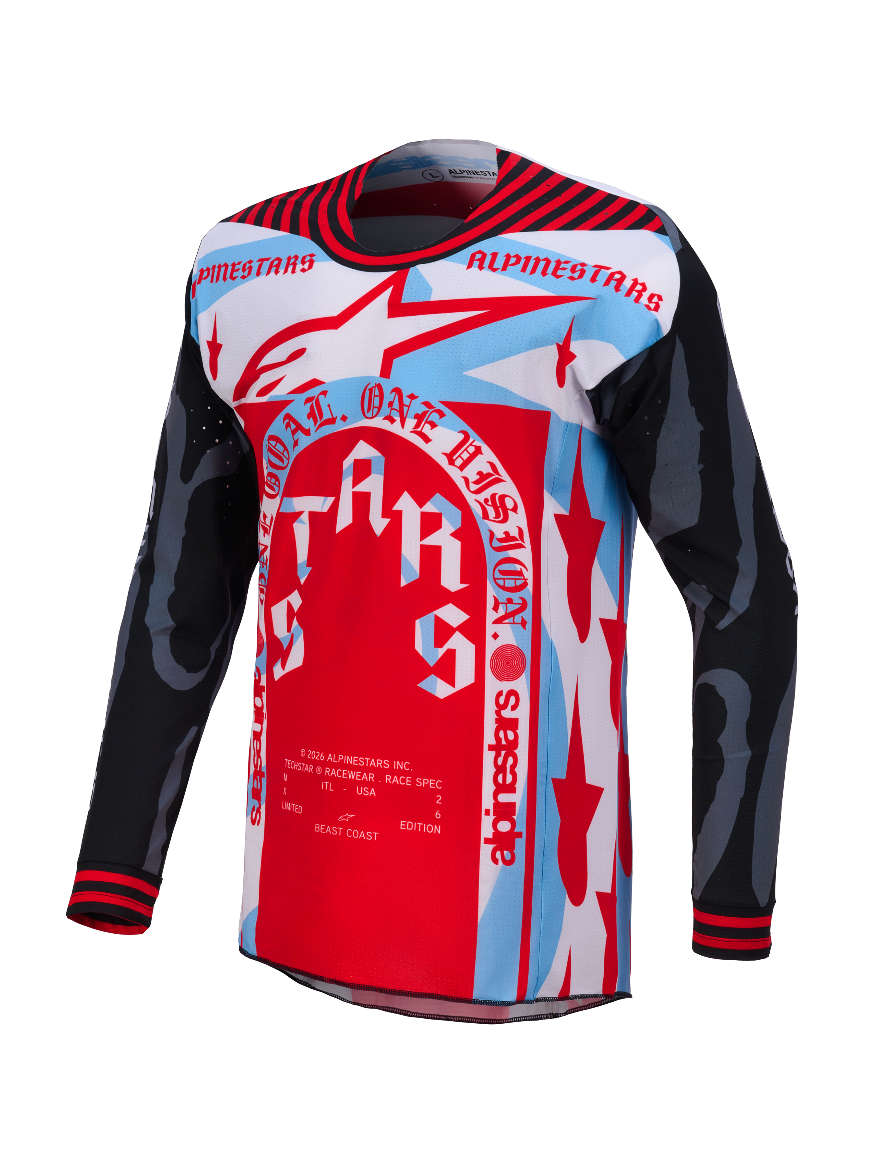 Jersey Techstar Beast Coast Edición Limitada, motocross, rojo, azul y blanco con mangas negras y tejido técnico ventilado.