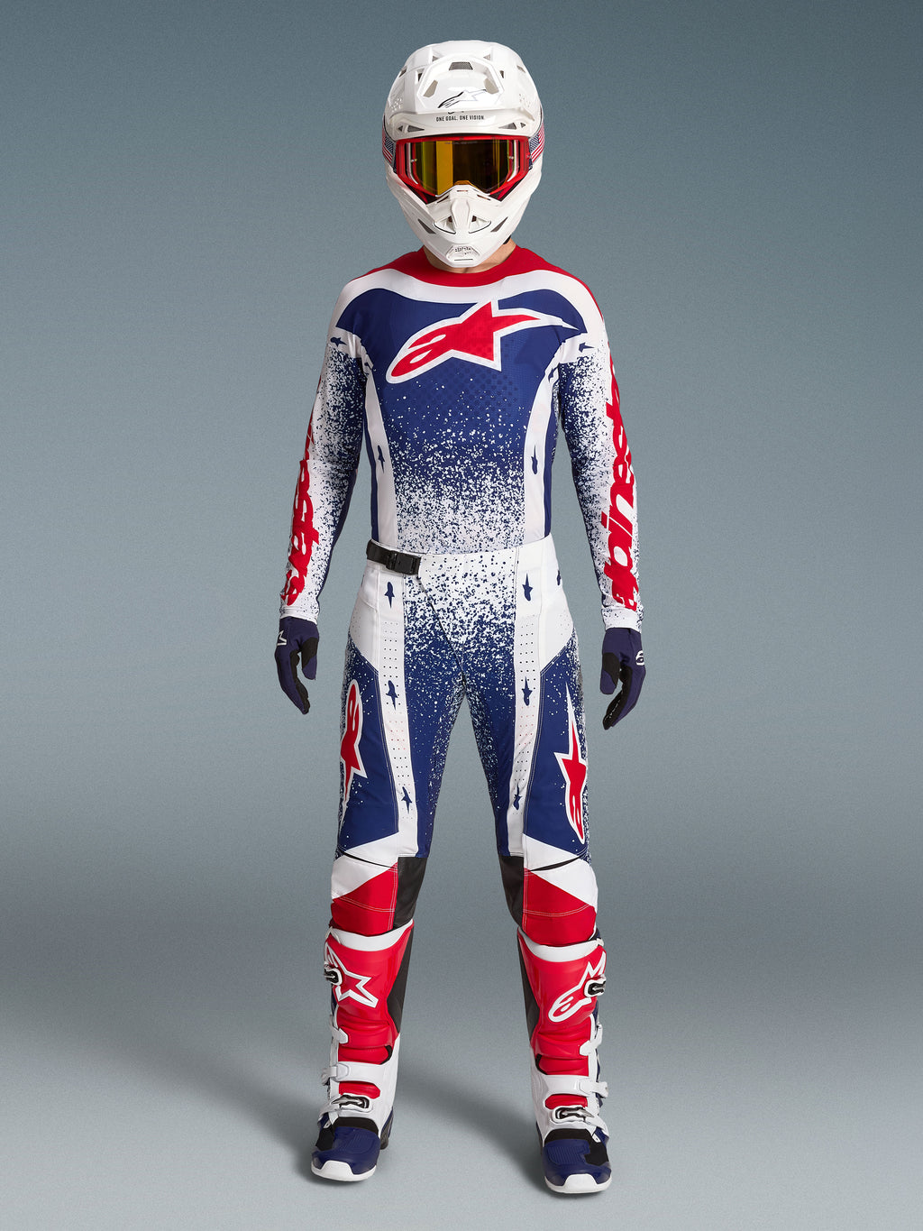Alpinestars Techstar Unity, equipo de motocross para hombre, kit rojo, blanco y azul de edición limitada con estrellas