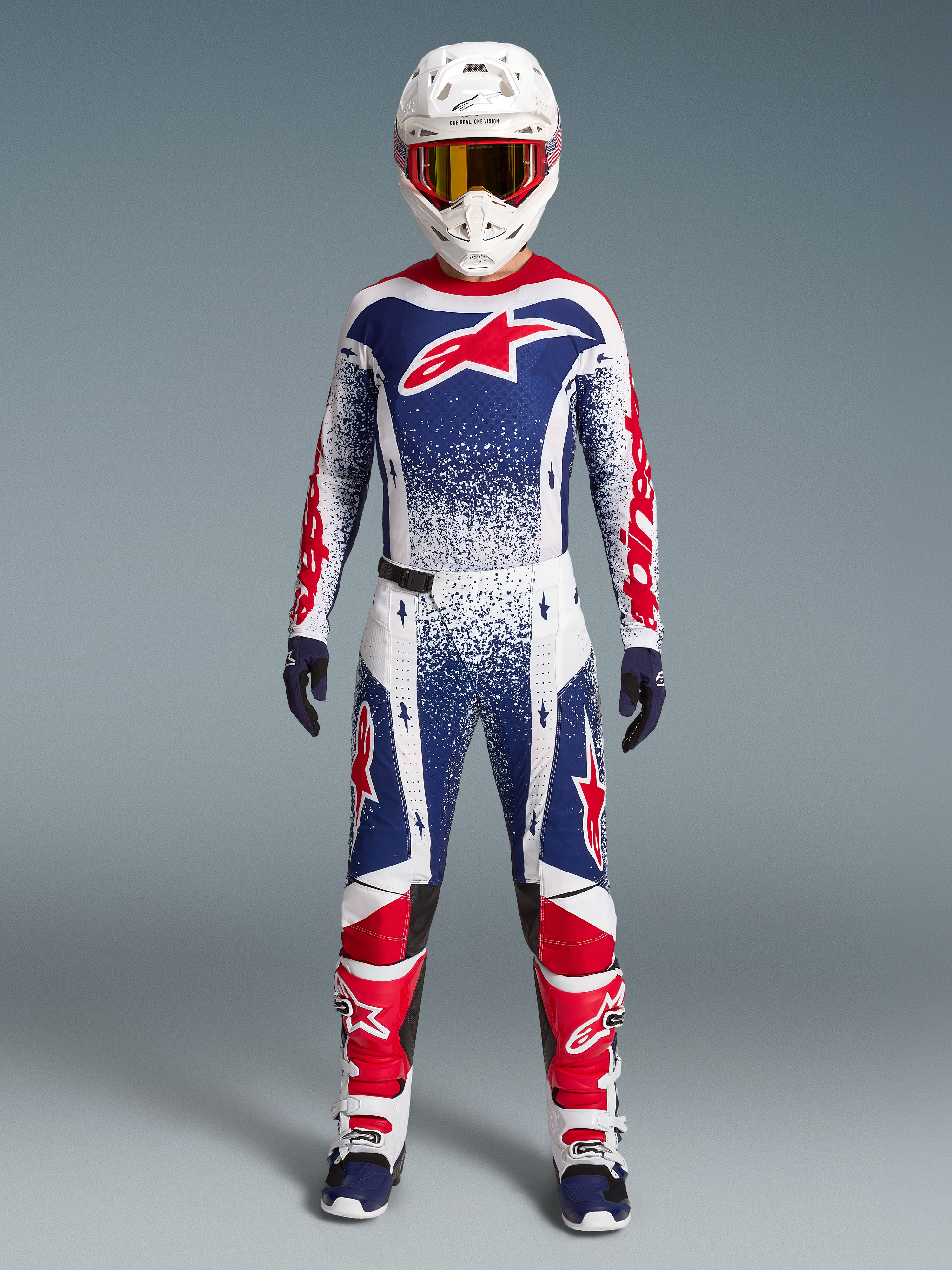 Alpinestars Techstar Unity, jersey y equipo de motocross de edición limitada para hombre, rojo, blanco y azul con gráficos moteados
