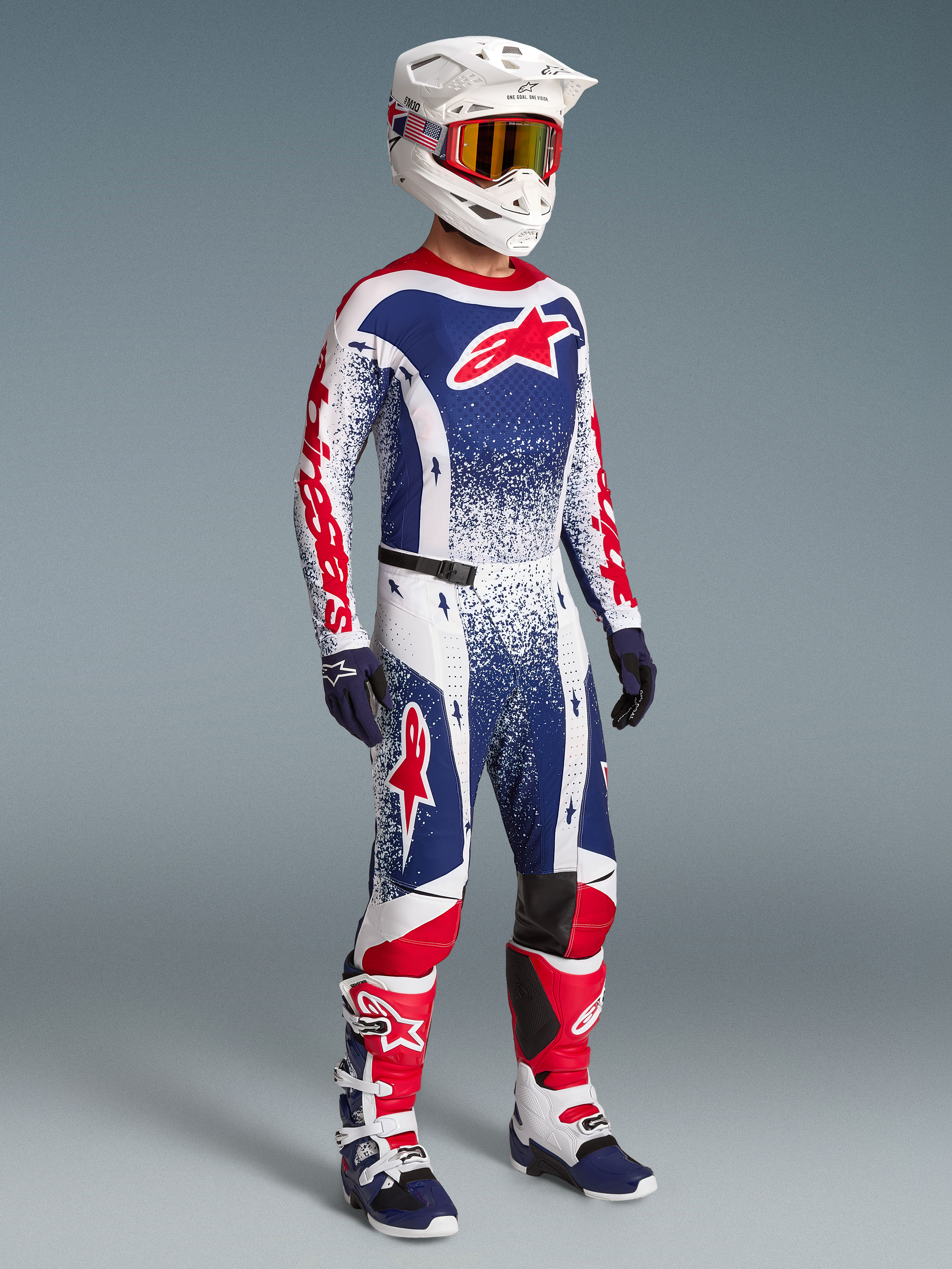 Alpinestars Techstar Unity, equipo de motocross para hombre, rojo, blanco y azul, con jersey, pantalones, casco y botas