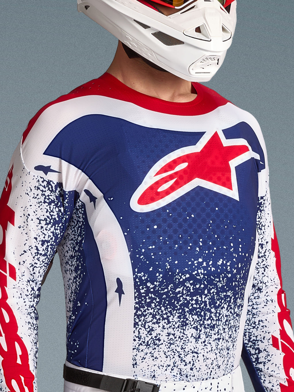 Alpinestars Techstar Unity jersey, edición limitada de motocross para hombre, rojo, blanco y azul, ajuste de carrera ventilado.