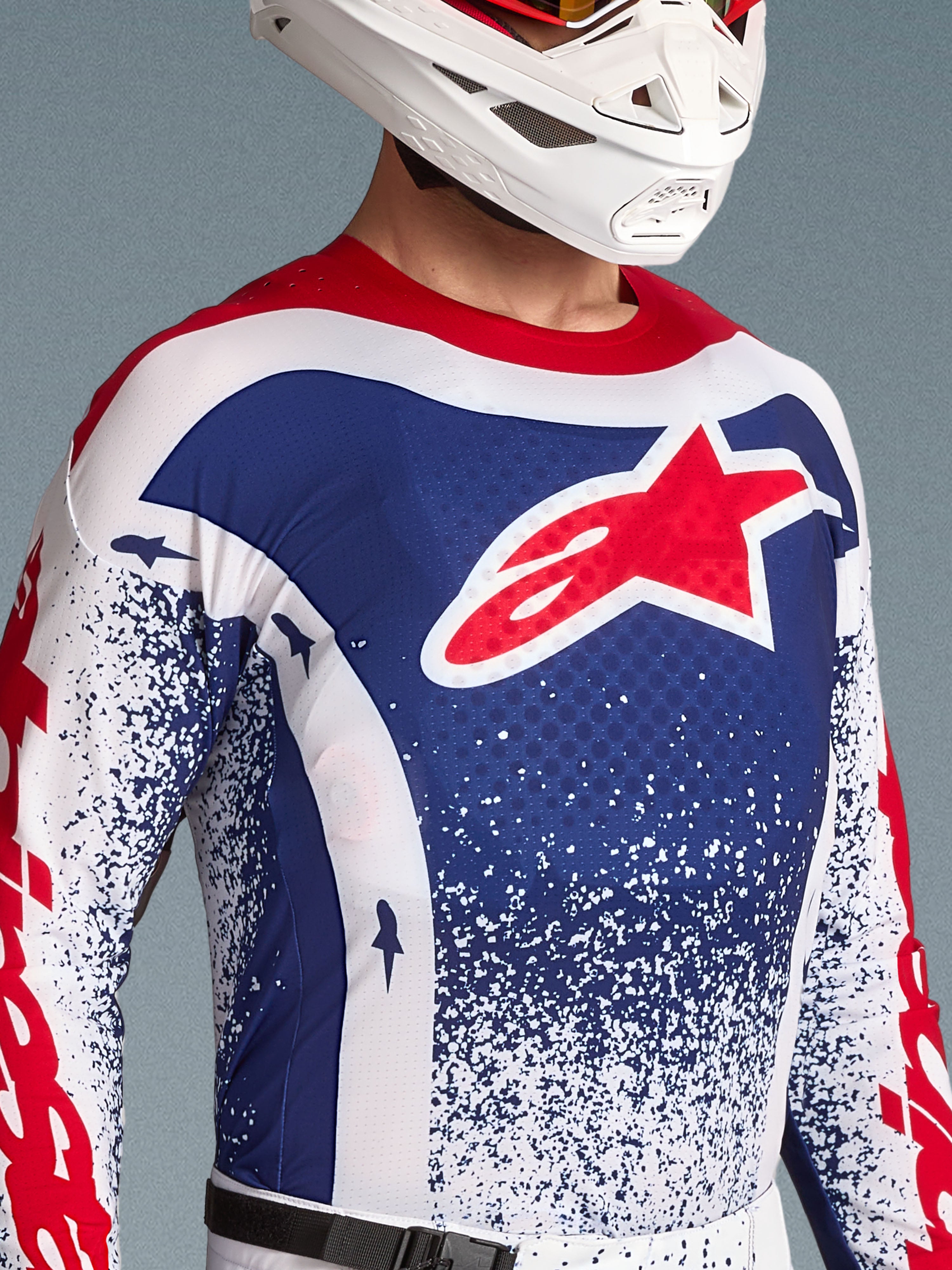 Alpinestars Techstar Unity jersey, edición limitada de motocross para hombre, rojo, blanco y azul, ajuste de carrera ventilado.