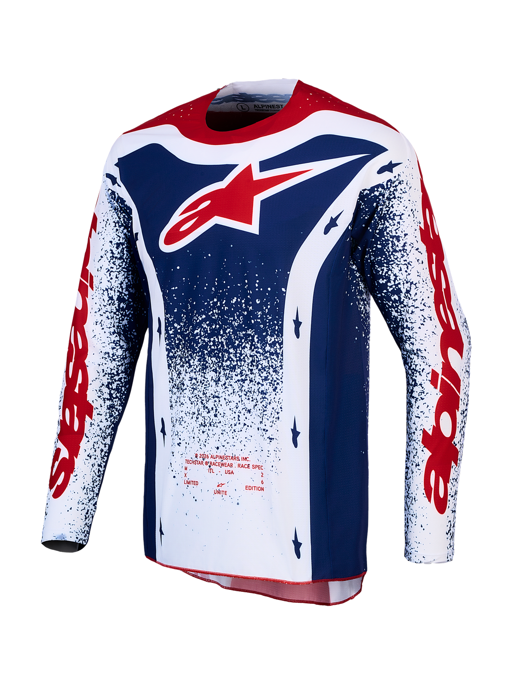 Alpinestars camiseta Techstar Unity, jersey de motocross para carreras off-road de edición limitada, azul, blanco y rojo, tejido elástico de alto rendimiento con ajuste de competición