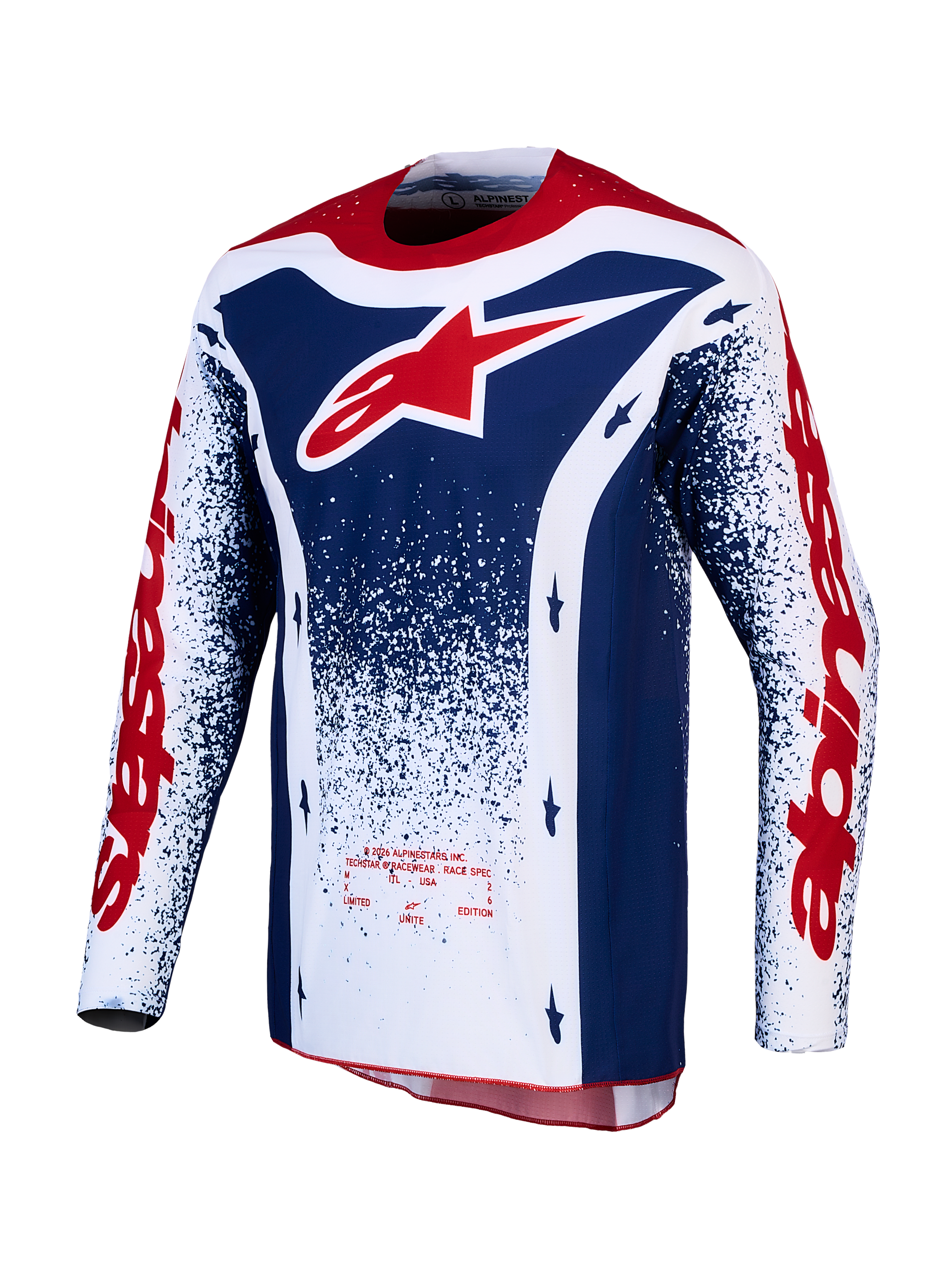 Alpinestars camiseta Techstar Unity, jersey de motocross para carreras off-road de edición limitada, azul, blanco y rojo, tejido elástico de alto rendimiento con ajuste de competición