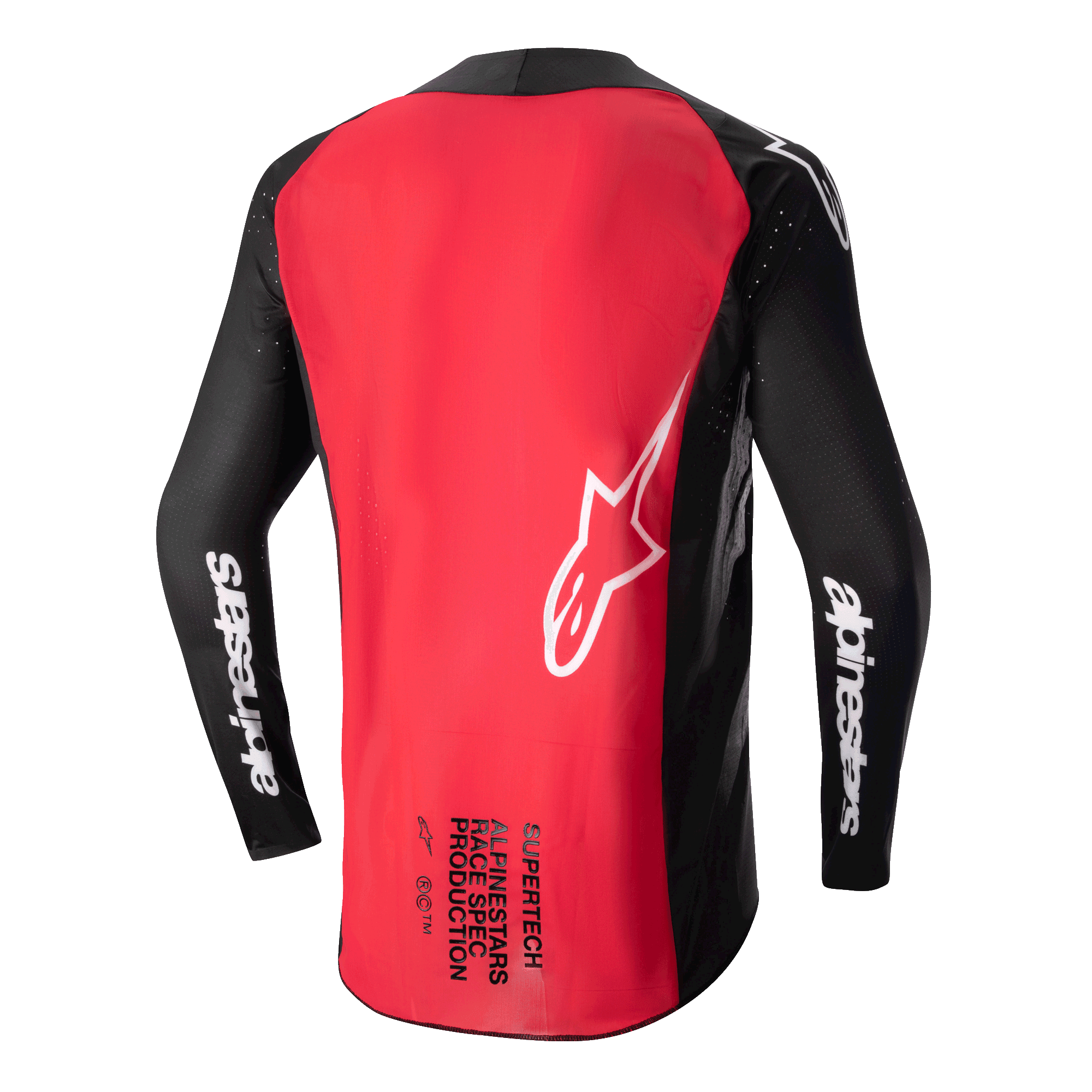 Alpinestars Supertech Ward Jersey 2024, jersey de motocross, negro y rojo berry, vista posterior que muestra un gran panel trasero rojo, mangas de malla negras con la marca Alpinestars en blanco, logotipo de estrella blanca y texto Supertech Race Spec en la parte inferior de la espalda.