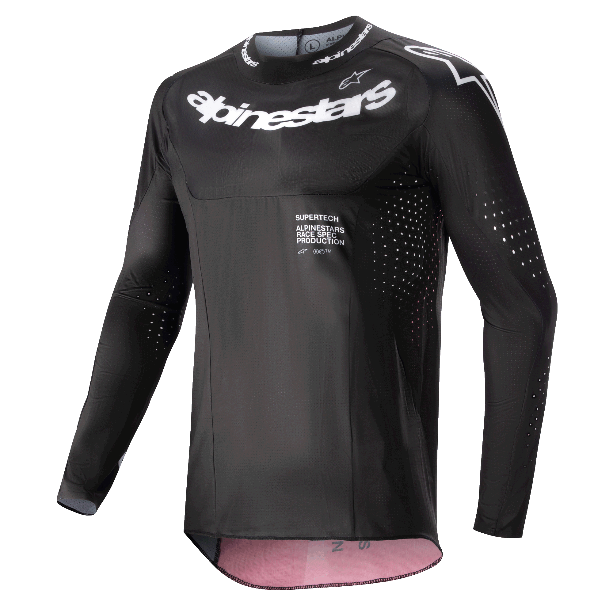 Alpinestars 2024 Supertech Ward Jersey, jersey de motocross, negro y rojo berry, con logotipos de Alpinestars blancos en el pecho y el cuello, perforaciones de ventilación cortadas con láser en las mangas y los costados, y un ajuste de carrera de alto rendimiento con detalles interiores en rojo baya.