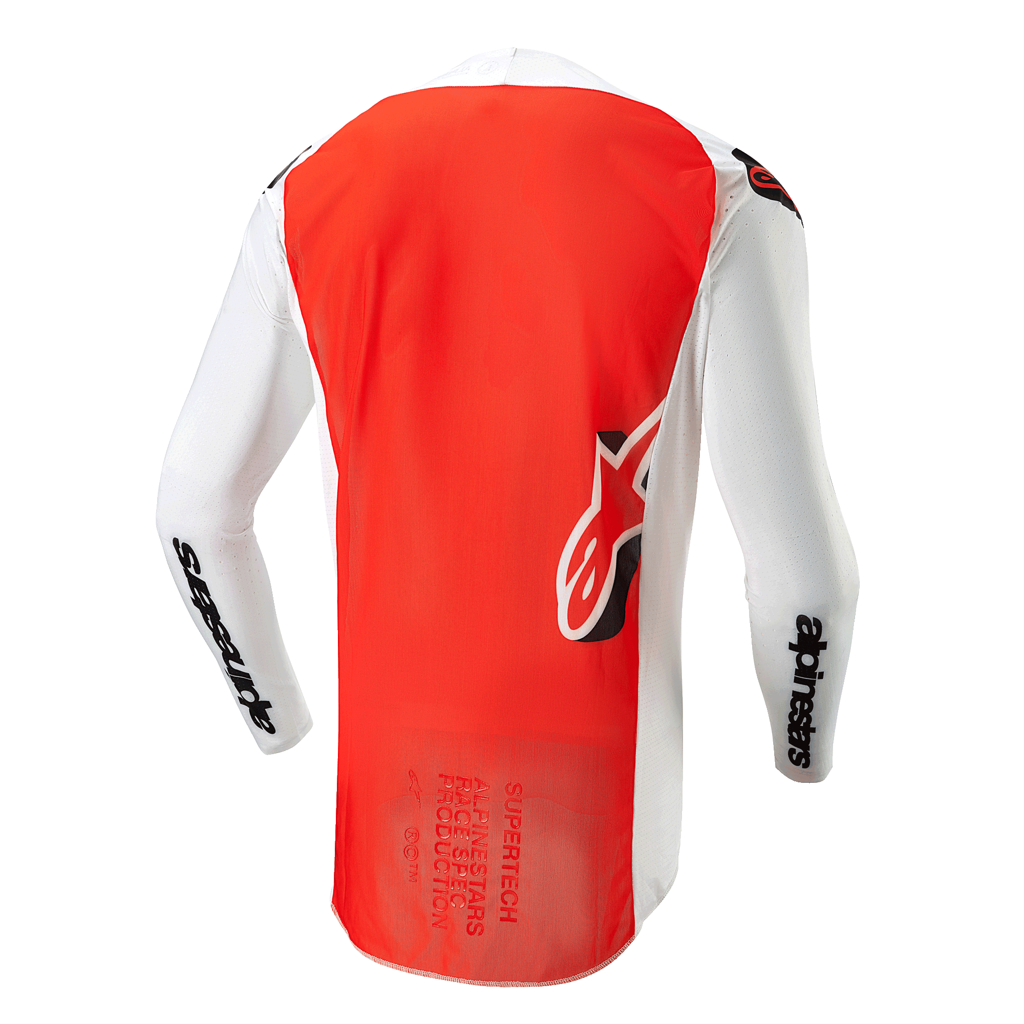 Jersey Alpinestars Supertech Ward 2024, vista trasera, blanco y naranja intenso, con un panel central naranja vibrante, mangas y paneles laterales blancos con la marca Alpinestars en negro y el logo Astar en la parte inferior de la espalda, construcción de malla de nivel profesional para motocross.