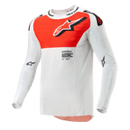 Alpinestars 2024 Supertech Ward Jersey, jersey de motocross, blanco y naranja vibrante, camiseta técnica de manga larga con un gran gráfico naranja en el pecho, logotipo de estrella y construcción perforada transpirable para carreras off-road.