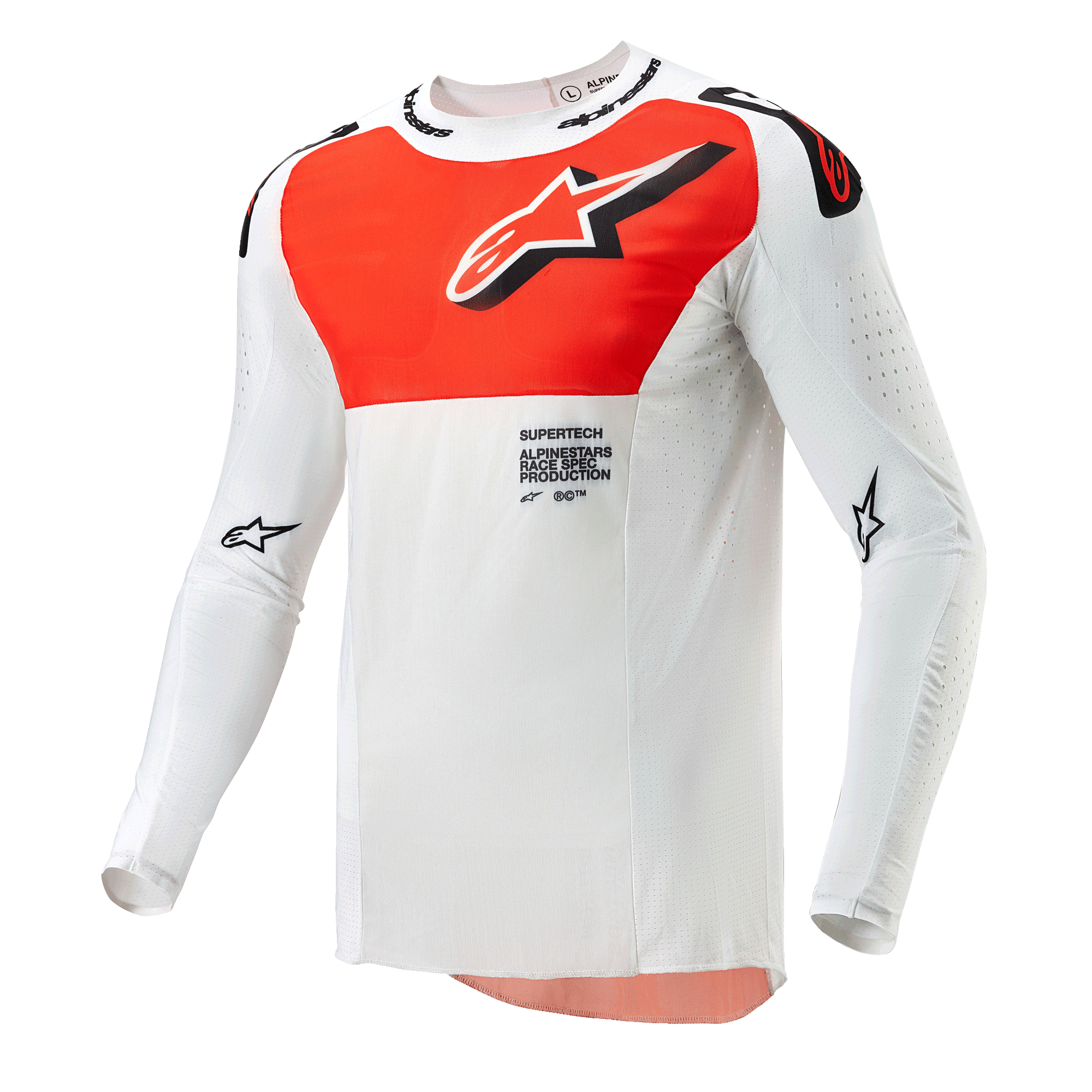 Alpinestars 2024 Supertech Ward Jersey, jersey de motocross, blanco y naranja vibrante, camiseta técnica de manga larga con un gran gráfico naranja en el pecho, logotipo de estrella y construcción perforada transpirable para carreras off-road.