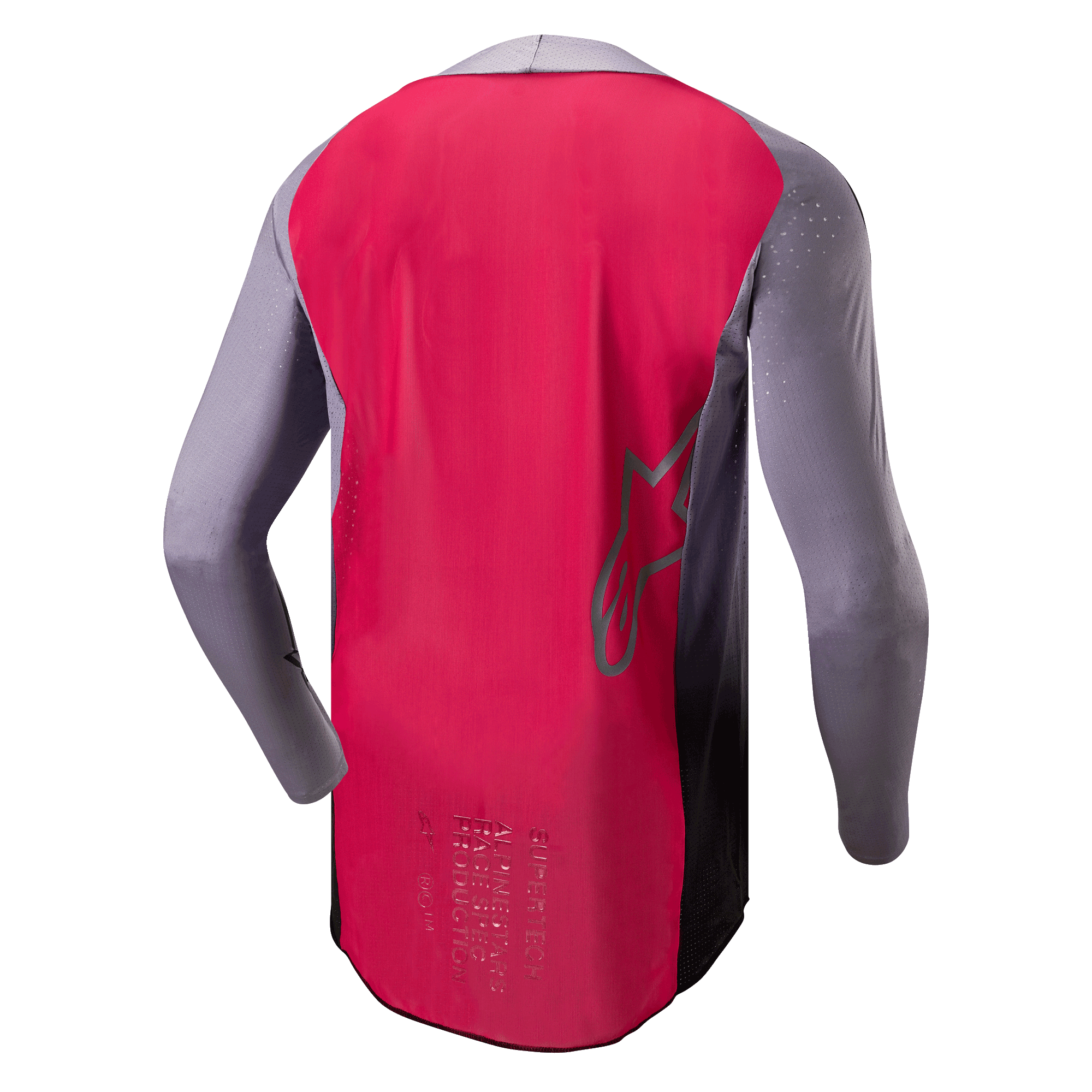 Alpinestars 2024 Supertech Dade Jersey, Motocross Jersey, Iron Red Berry and grey, back view showing breathable mesh construction, Alpinestars star logo outline, and professional race-spec branding
