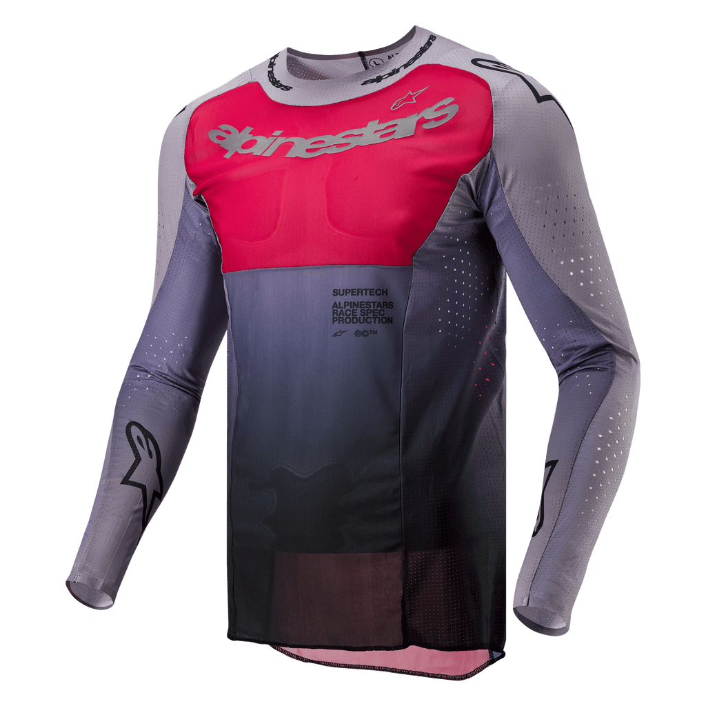 Alpinestars 2024 Supertech Dade Jersey, Motocross Jersey, Iron Red Berry and Gray, featuring a vibrant red chest panel with silver branding, dark gray gradient at the waist, laser-cut perforations on the sleeves and sides, and an athletic race fit design.