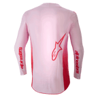 Jersey Alpinestars Supertech Dade 2024, jersey de motocross, Rojo Berry Lilac, vista trasera con un gran logotipo Astar rojo en la espalda y marca Alpinestars roja en las mangas, construcción de malla elástica ligera con panel trasero extendido para un rendimiento todoterreno.