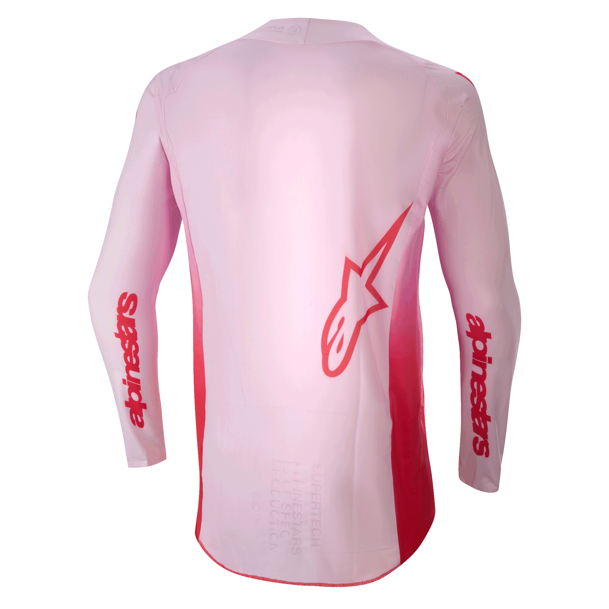 Jersey Alpinestars Supertech Dade 2024, jersey de motocross, Rojo Berry Lilac, vista trasera con un gran logotipo Astar rojo en la espalda y marca Alpinestars roja en las mangas, construcción de malla elástica ligera con panel trasero extendido para un rendimiento todoterreno.