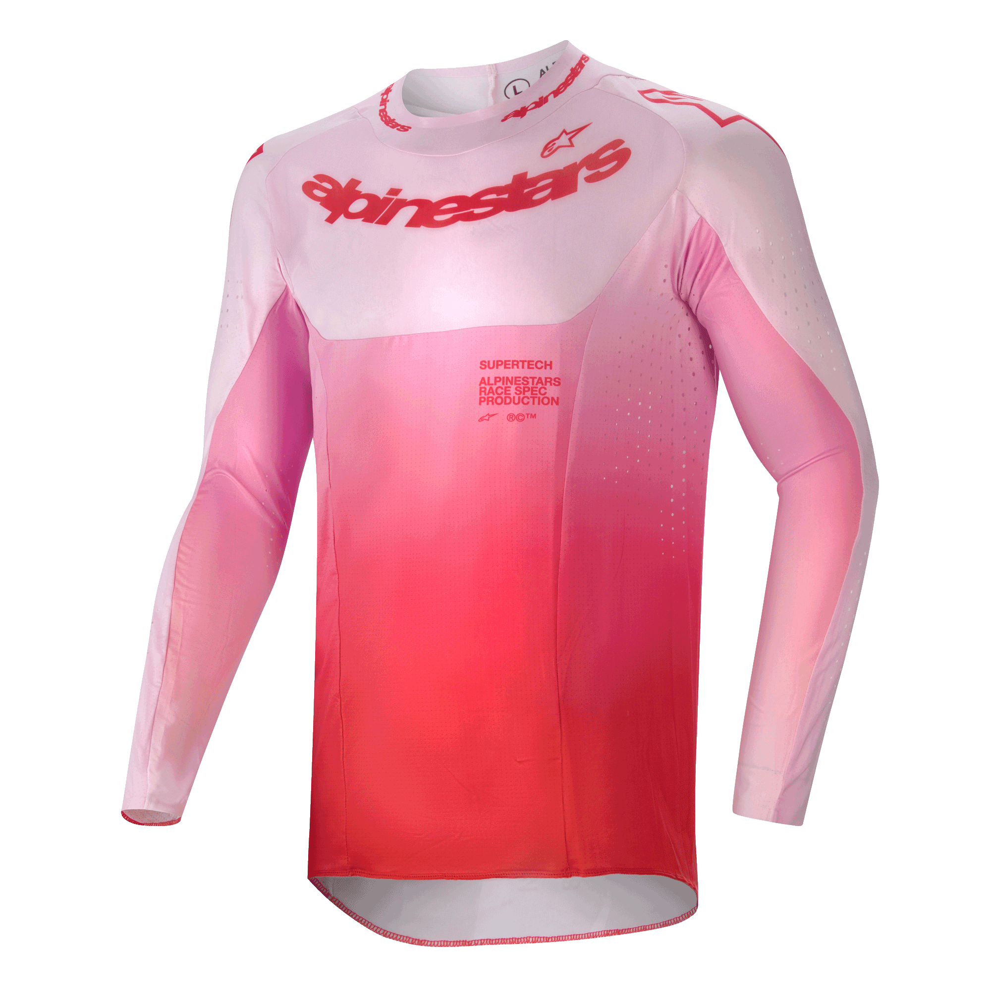 Alpinestars Supertech Dade Jersey 2024, jersey de motocross, color rojo berry lilac con un diseño en degradado de rosa a rojo, ajuste atlético de manga larga con orificios de ventilación cortados con láser y logotipo llamativo en el pecho, equipamiento de alto rendimiento para motocross.