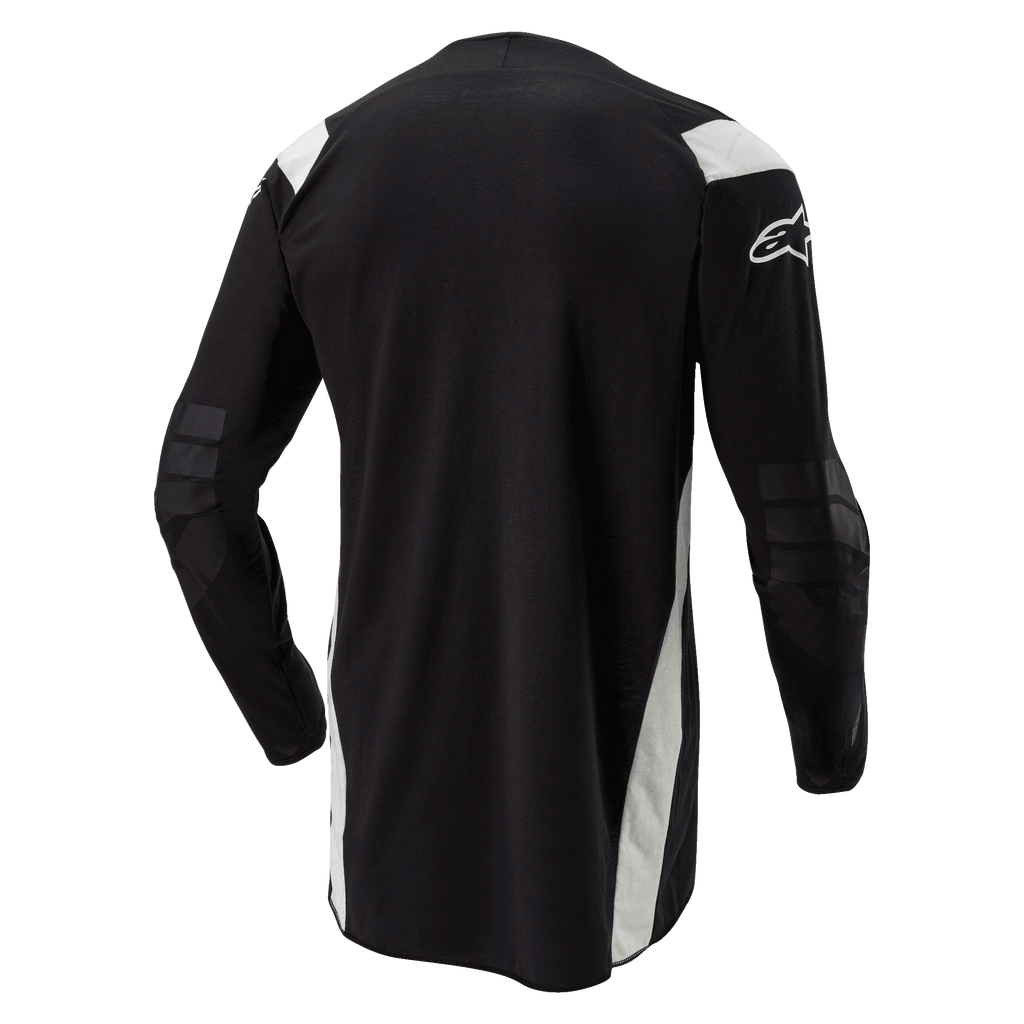 Alpinestars Techdura Jersey, Enduro Motocross Jersey, Black with white accents, rear view featuring an elongated drop tail, reinforced elbows, and white Alpinestars logo on the sleeve, durable off-road riding apparel.