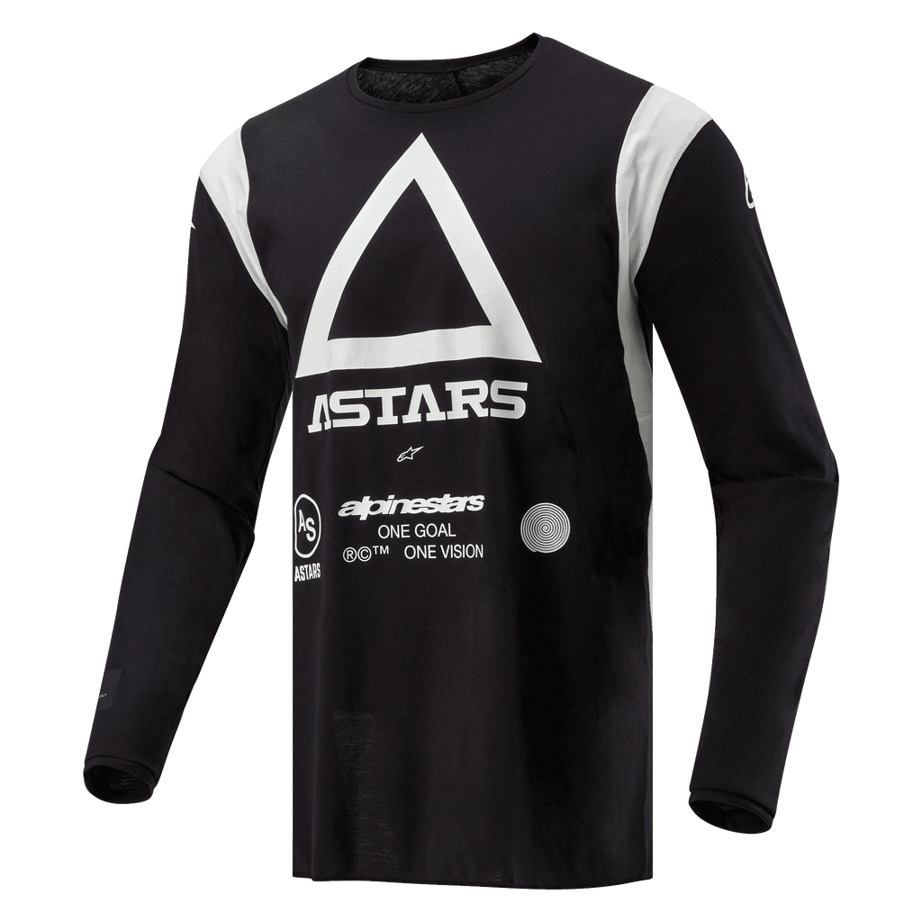 Alpinestars Techdura Jersey, Motocross and Enduro Jersey, Black, featuring large white triangle and ASTARS logo, white shoulder panels, long sleeves, durable poly-fabric for off-road riding
