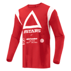 Alpinestars Techdura Jersey, Motocross and Enduro Jersey, Bright Red, featuring white triangle and ASTARS branding on the chest, long-sleeve moisture-wicking poly-fabric for off-road riding
