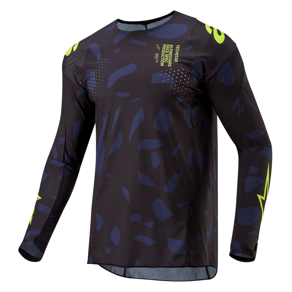 Alpinestars 2024 Techstar Rantera Jersey, Motocross Jersey, Black Navy and Yellow Fluo, long-sleeve athletic fit with abstract pattern, neon yellow branding and text details, designed for off-road performance