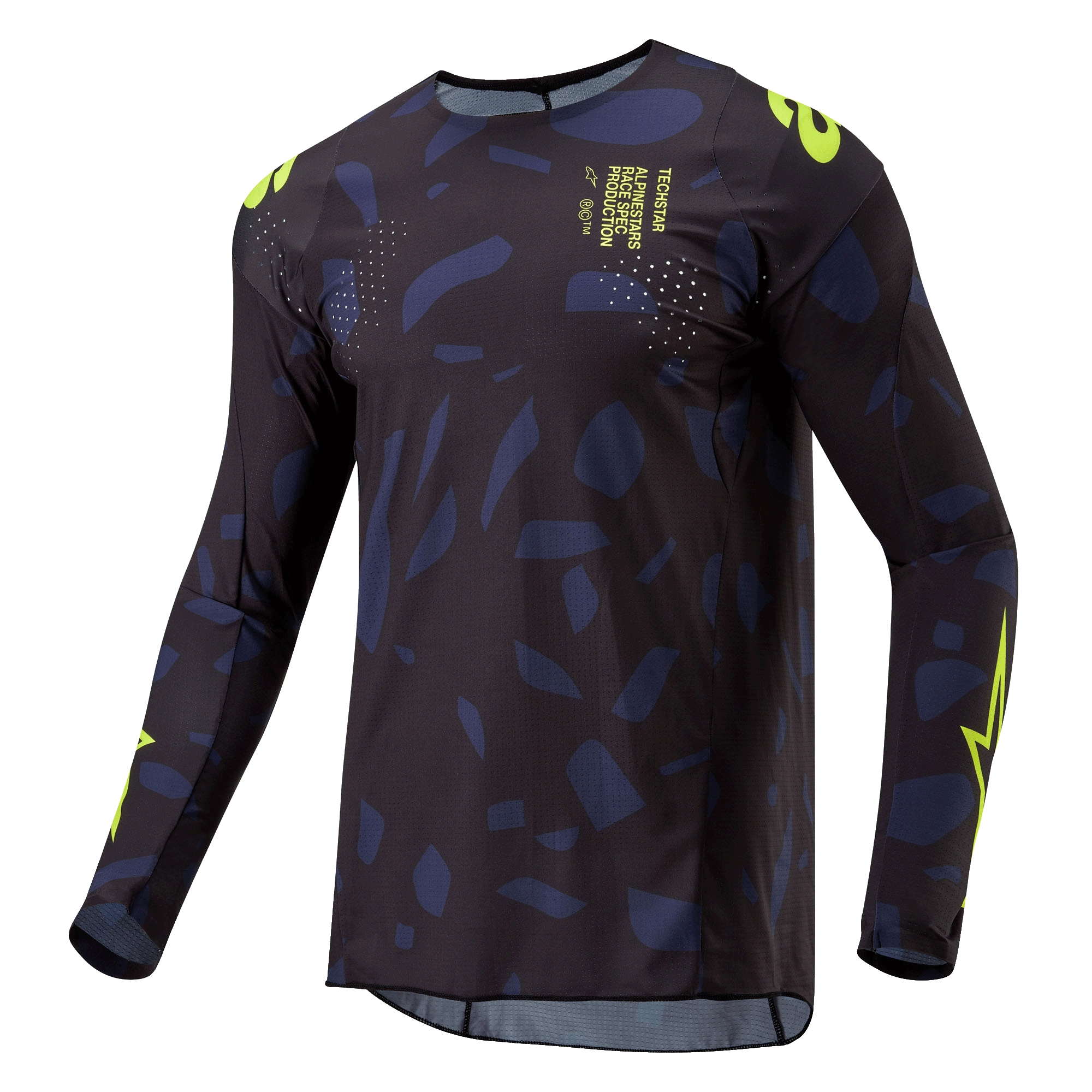 Alpinestars 2024 Techstar Rantera Jersey, Motocross Jersey, Black Navy and Yellow Fluo, long-sleeve athletic fit with abstract pattern, neon yellow branding and text details, designed for off-road performance