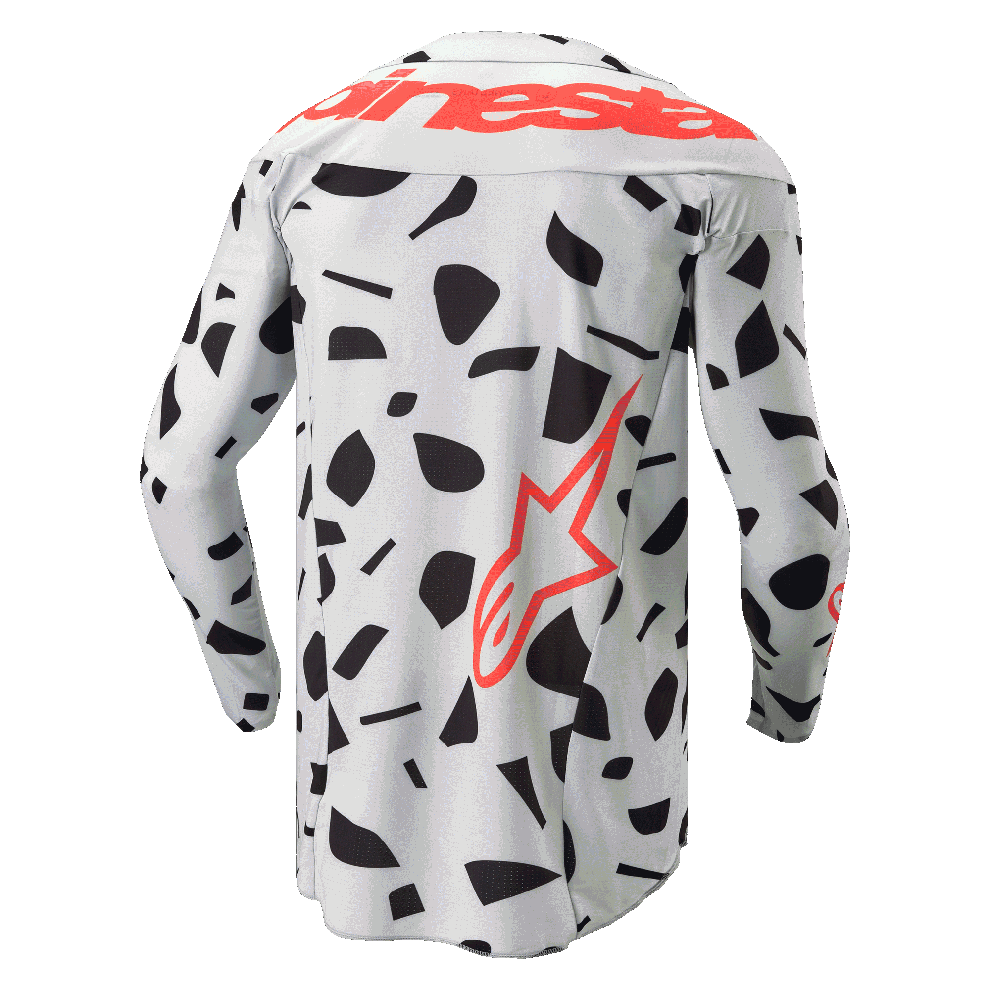 Alpinestars 2024 Techstar Rantera Jersey, vista posterior, jersey de motocross de manga larga, Camuflaje Gris Haze con patrones abstractos negros, con la marca Alpinestars en rojo sobre los hombros y un logotipo de estrella roja en el lateral inferior, diseñado para el rendimiento todoterreno