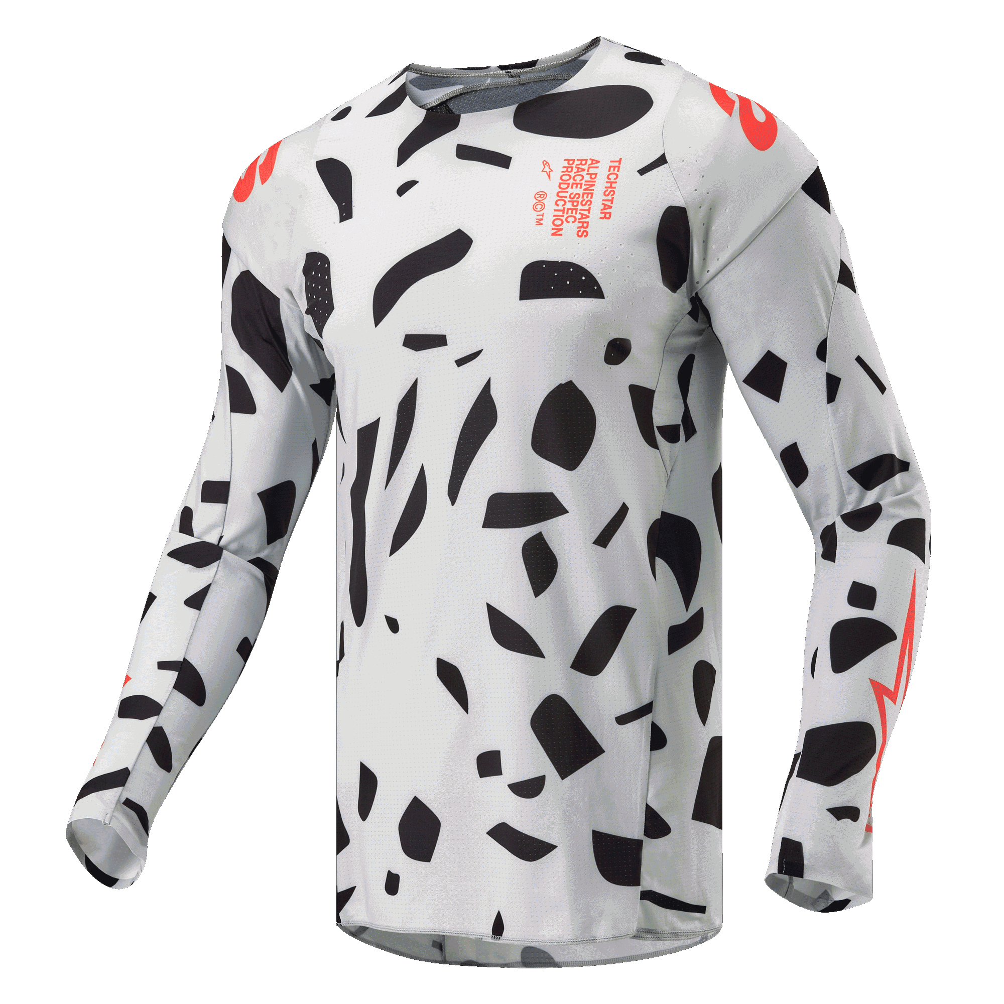 Alpinestars Techstar Rantera Jersey 2024, jersey de motocross de manga larga, gris haze camo con formas abstractas negras y detalles naranjas, equipamiento técnico para carreras todoterreno